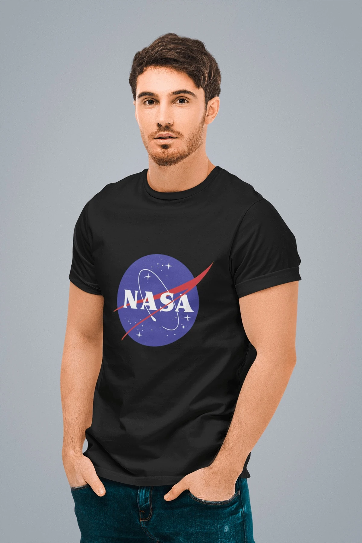 Erkek Siyah Nasa Baskılı Standart T-shirt T5342014