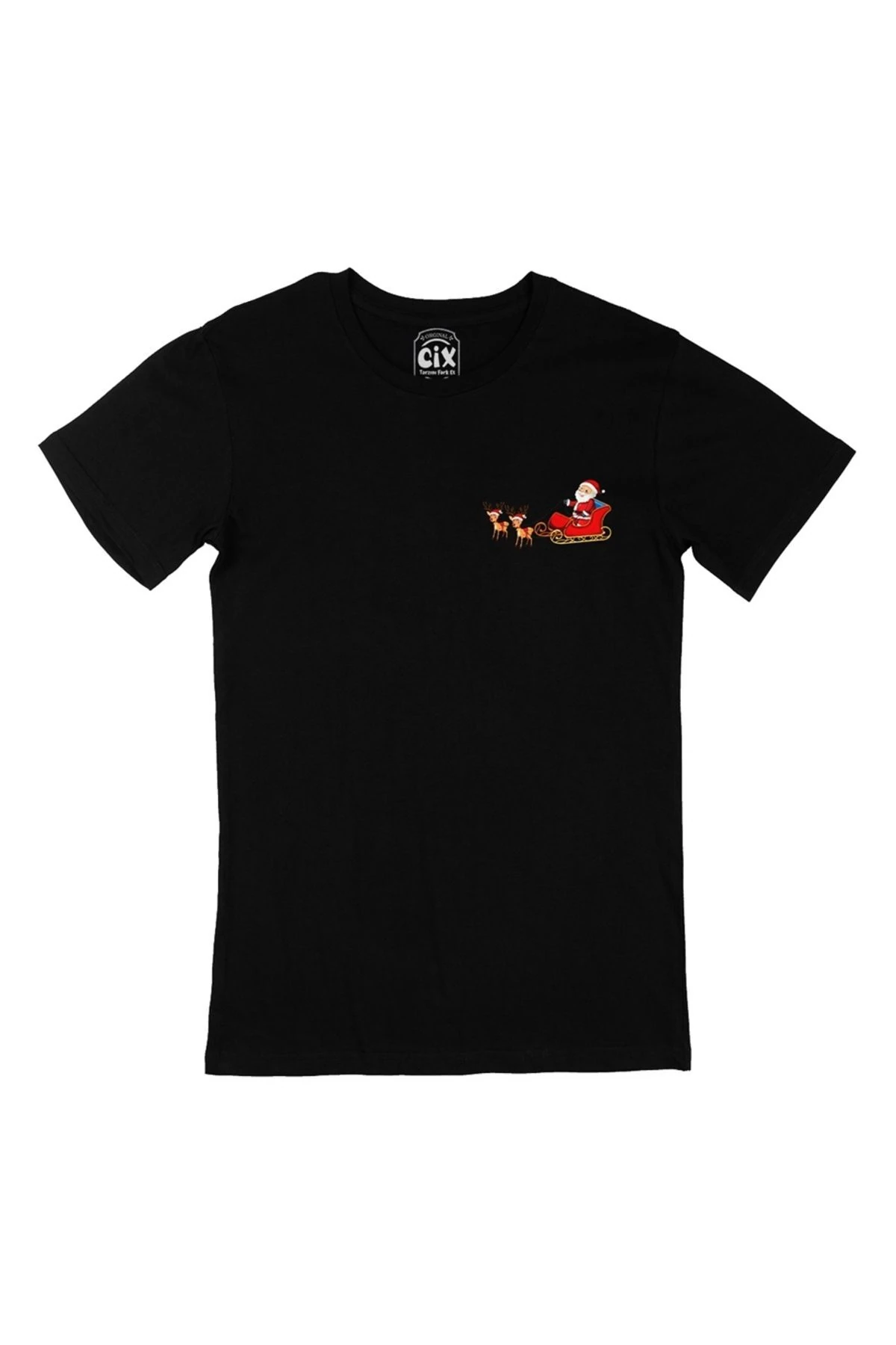 Noel Baba Ve Geyikli Yılbaşı Cep Logo Tasarımlı Siyah Tişört