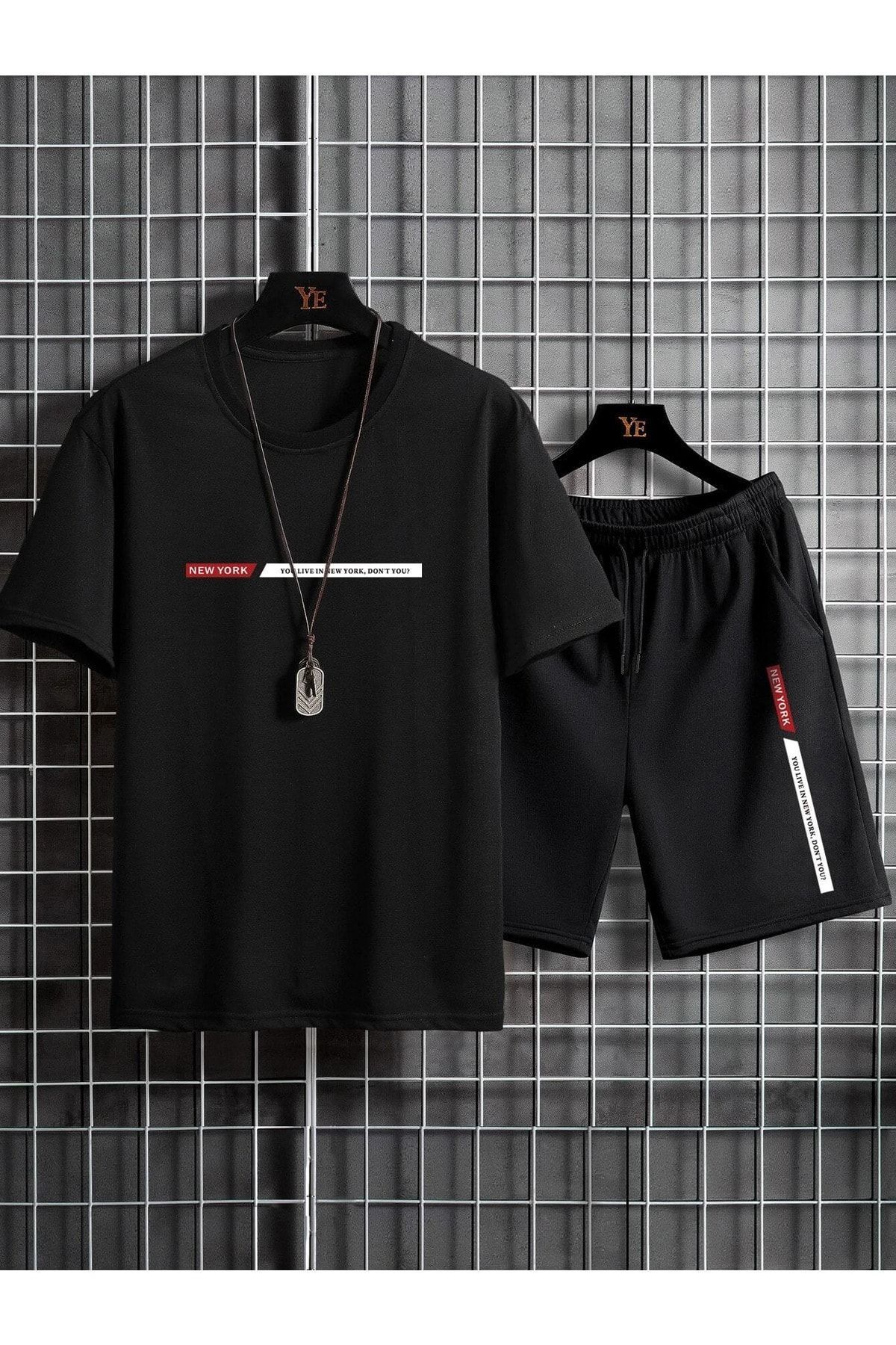 Unisex Siyah Newyork Özel Baskılı Oversize T-Shirt Şort Penye Takım