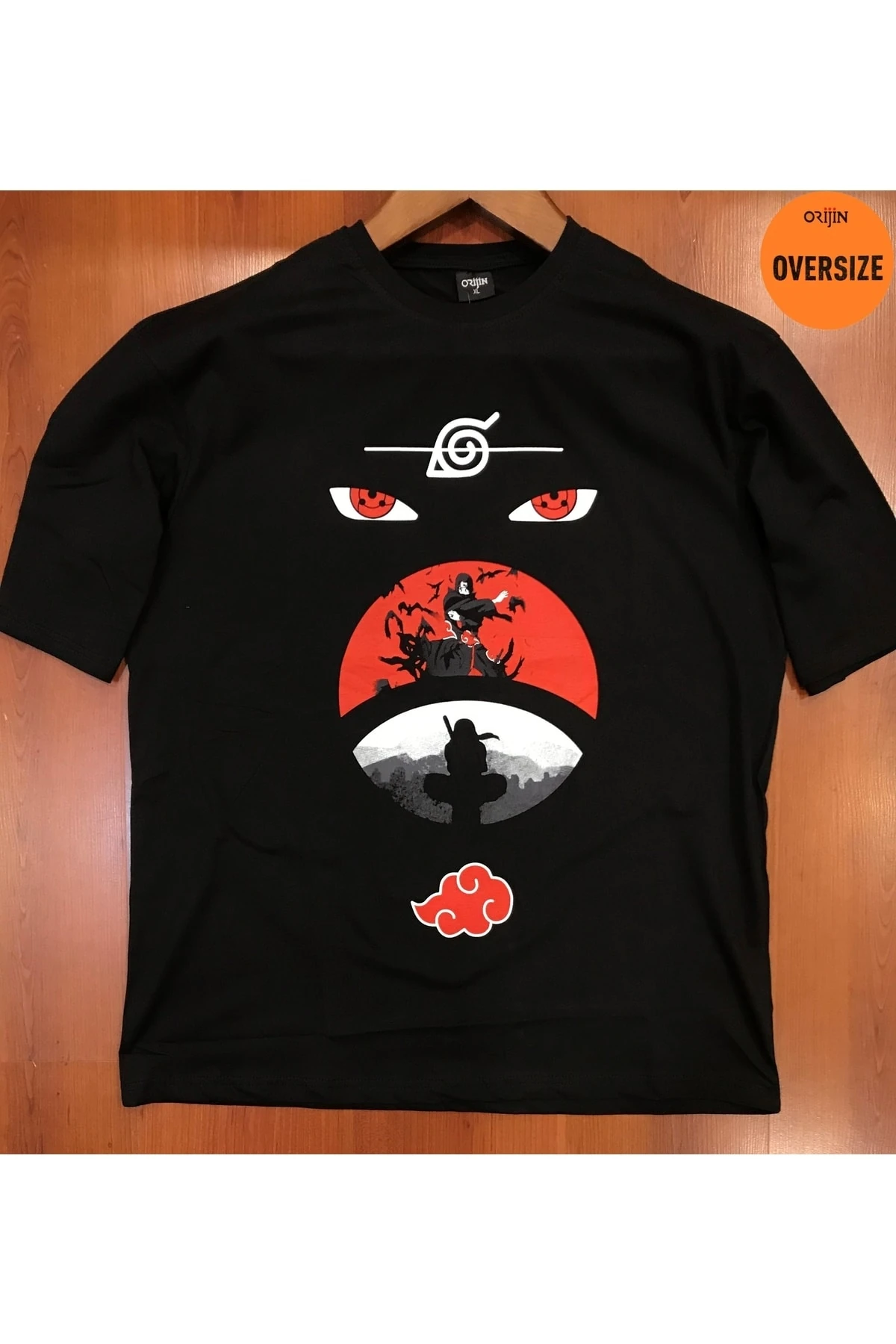 Naruto Itachi Uchiha Sasuke Baskılı Oversize Siyah Tshirt
