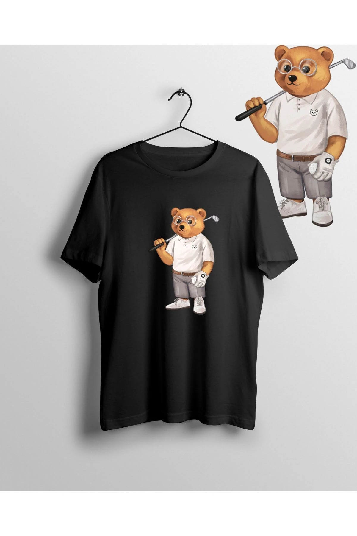 Golf Spor Ayı Teddy Bear Unisex Bisiklet Yaka Baskılı T-shirt