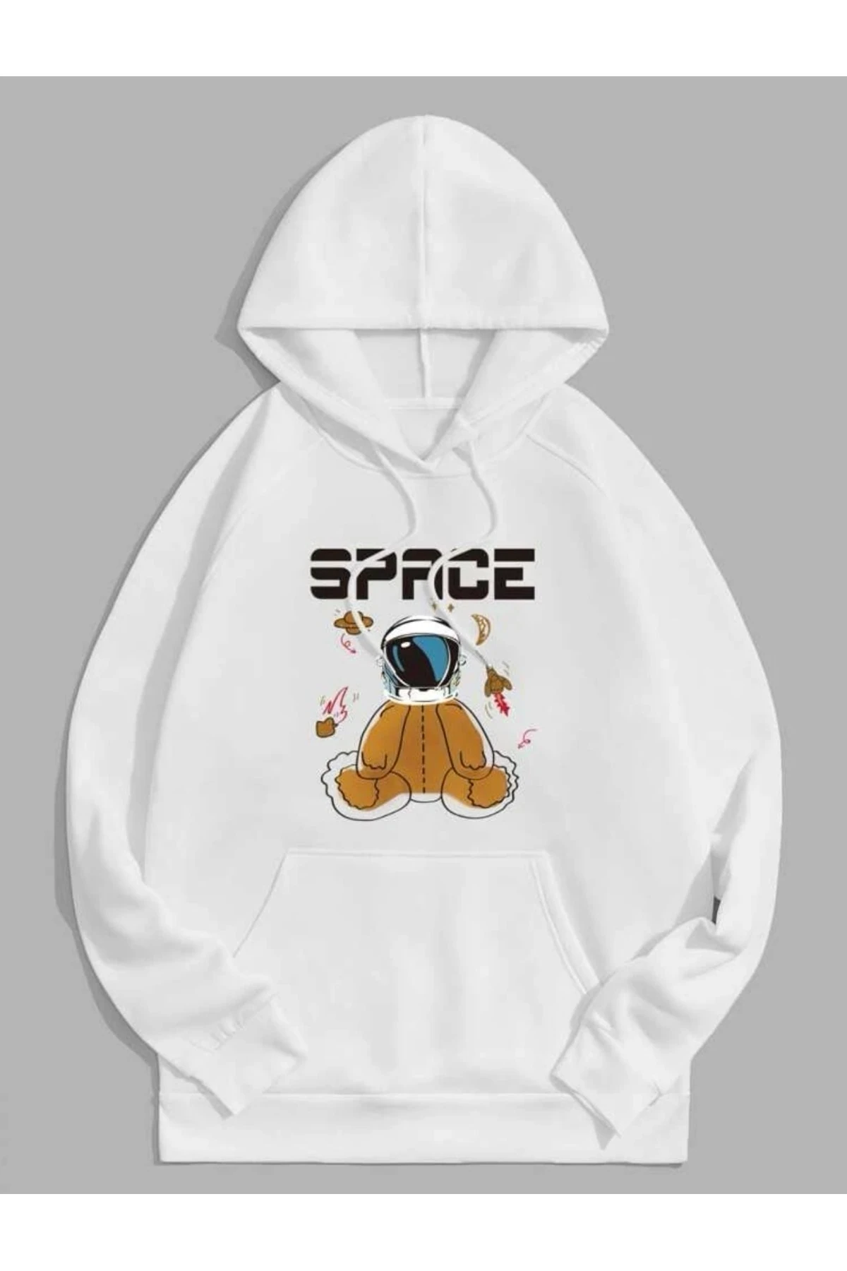 Oversize Unisex Space Bear Baskılı 3 Iplik Kalın %100 Pamuk Kapüşonlu Sweatshirt