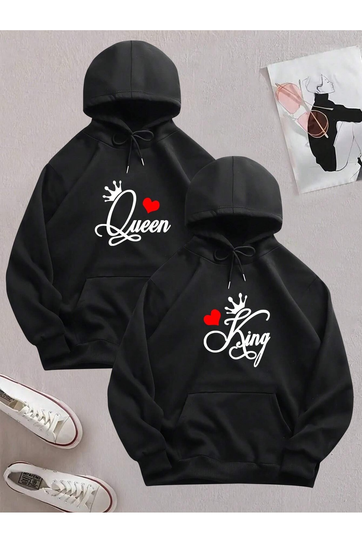 King ve Queen Tasarımlı Siyah Hoodie + Beyaz Sneaker Seti (2'li kombin )