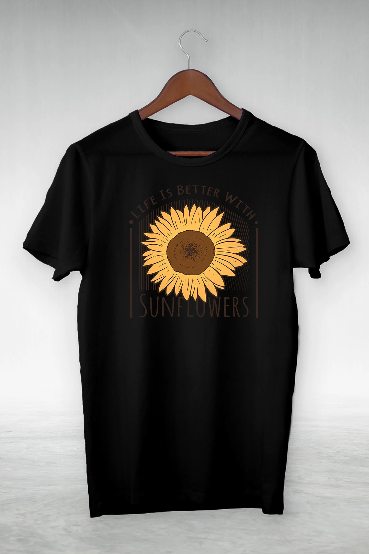 Siyah - Sunflowers - Illustrasyon T-shırt- Vip Tasarım Tshirt