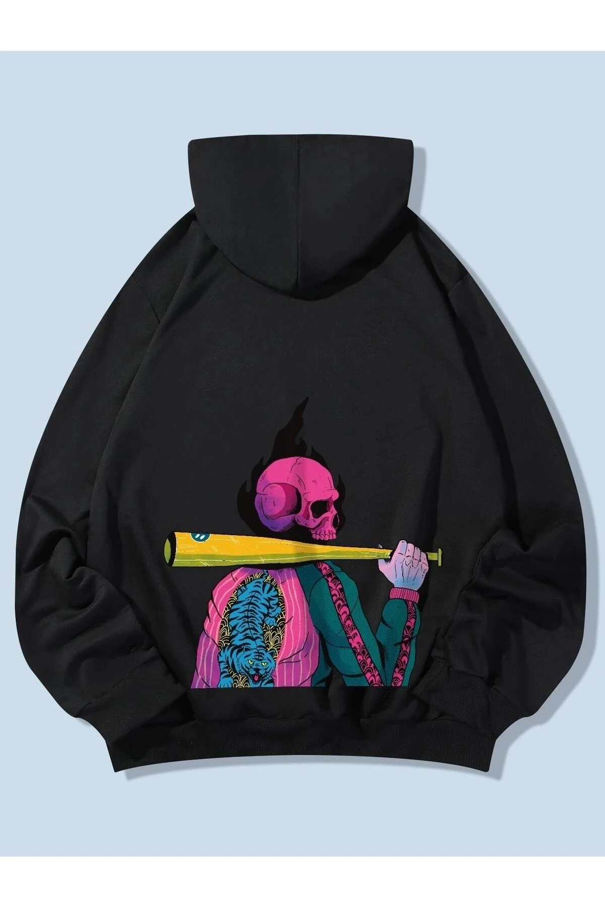 Unisex Arkası Kurukafa Baskılı Oversize Kapüşonlu Sweatshirt