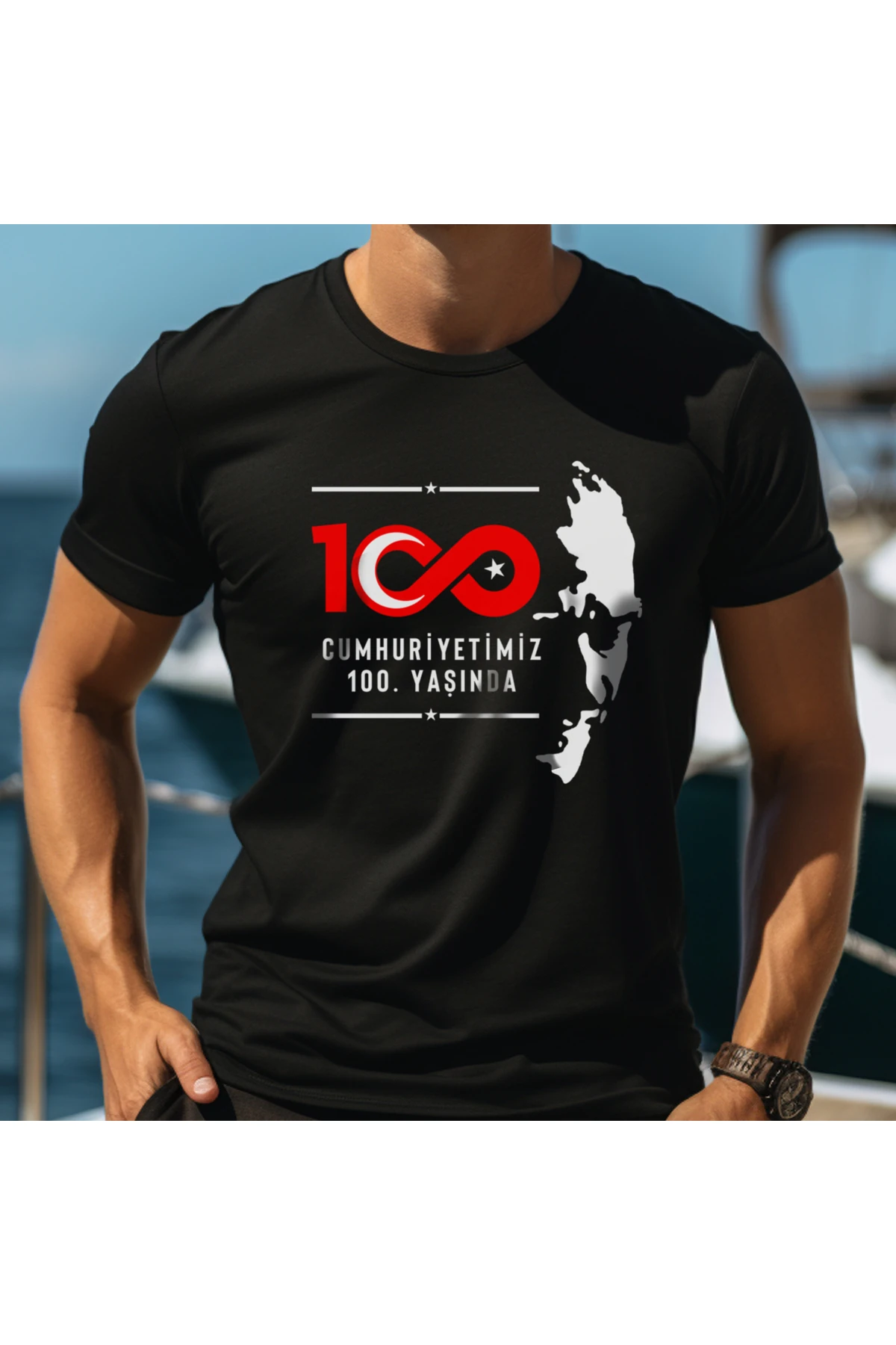 Atatürk 100.Yıl Özel Seri Tasarım Baskılı Bisiklet Yaka 100% Pamuklu Tişört Siyah - Kırmızı