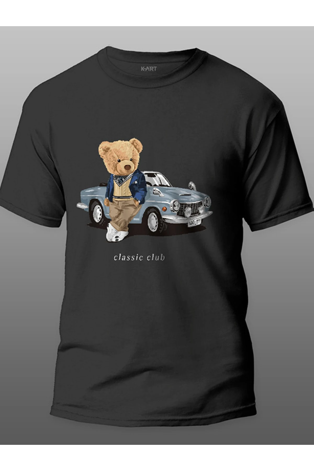 K-art Bear Car Tasarımlı Siyah Unisex T-shirt