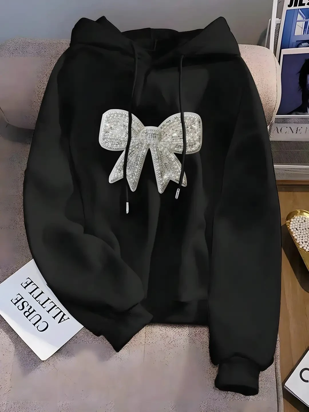 GÜMÜŞ KURDELE BASKILI HOODİE - siyah