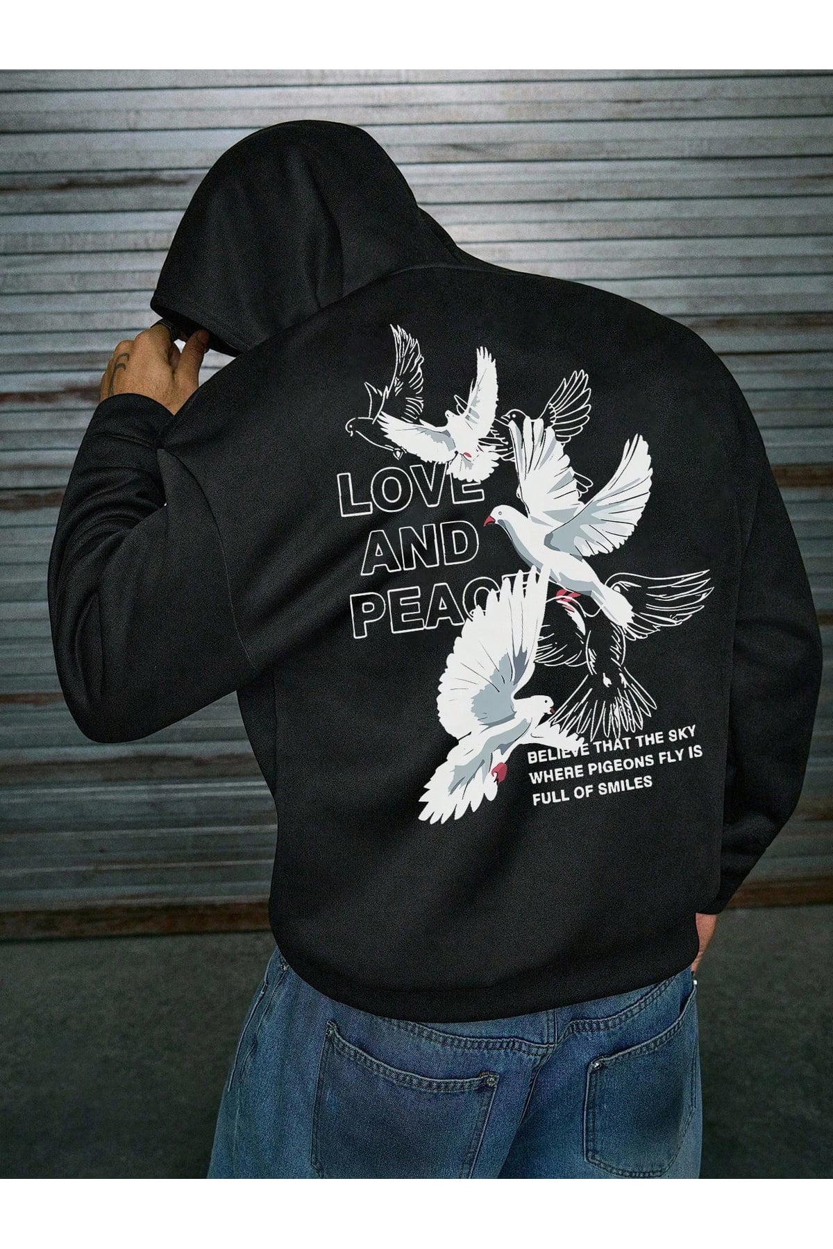 Love and Peace Baskılı Oversize Hoodie Sweatshirt Unisex Kapüşonlu Siyah Sokak Modası Rahat Kalıp