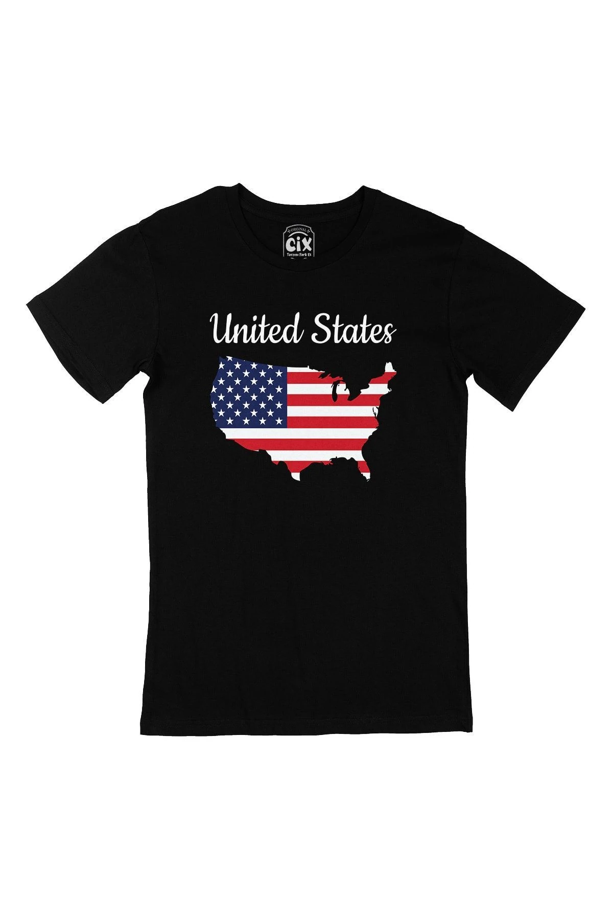 Unisex Amerika Haritalı Ve Bayraklı Siyah Tişört