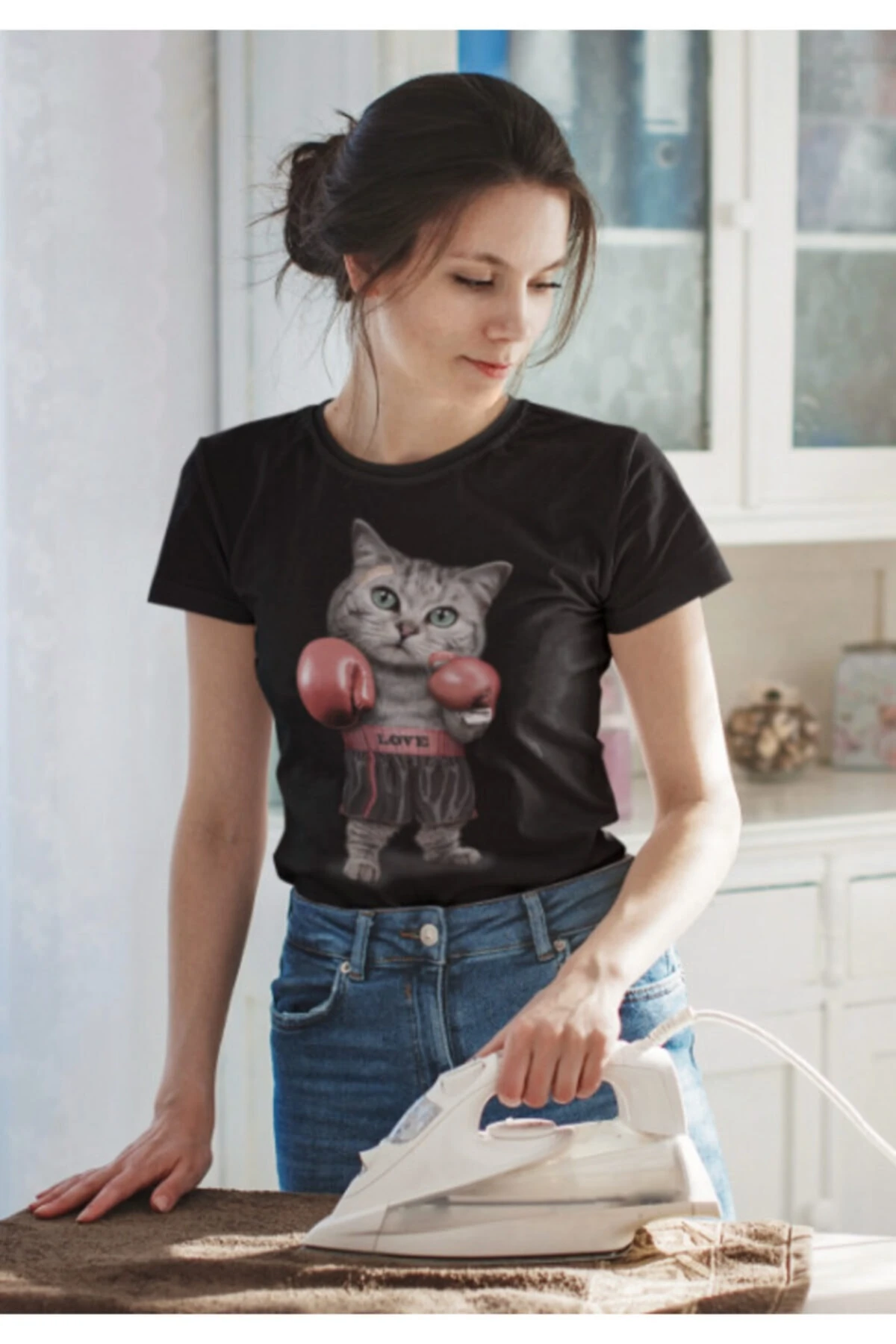Unisex Siyah Boksör Kedi Boxer Cat Baskılı Özel Tasarım Tshirt