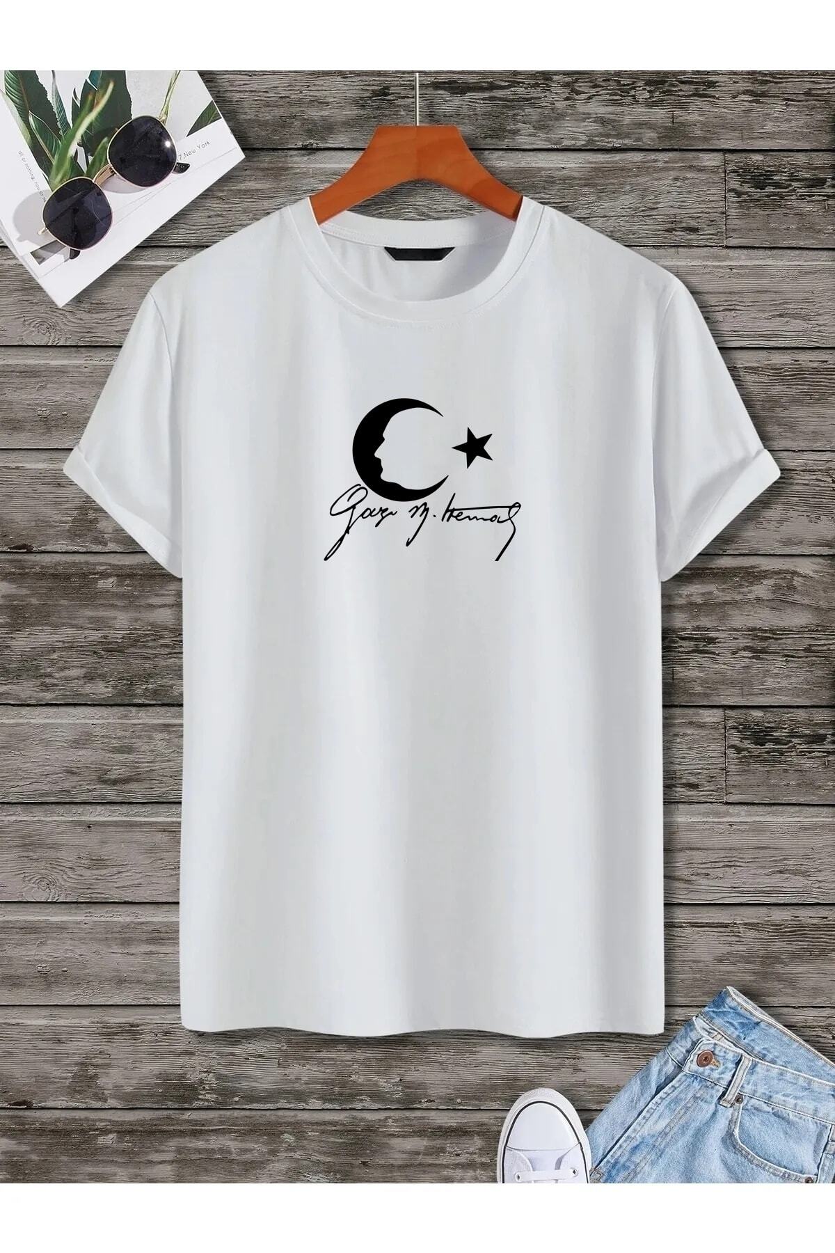 Unisex Pamuklu Oversize Atatürk Silüet İmzalı Baskılı T-shirt