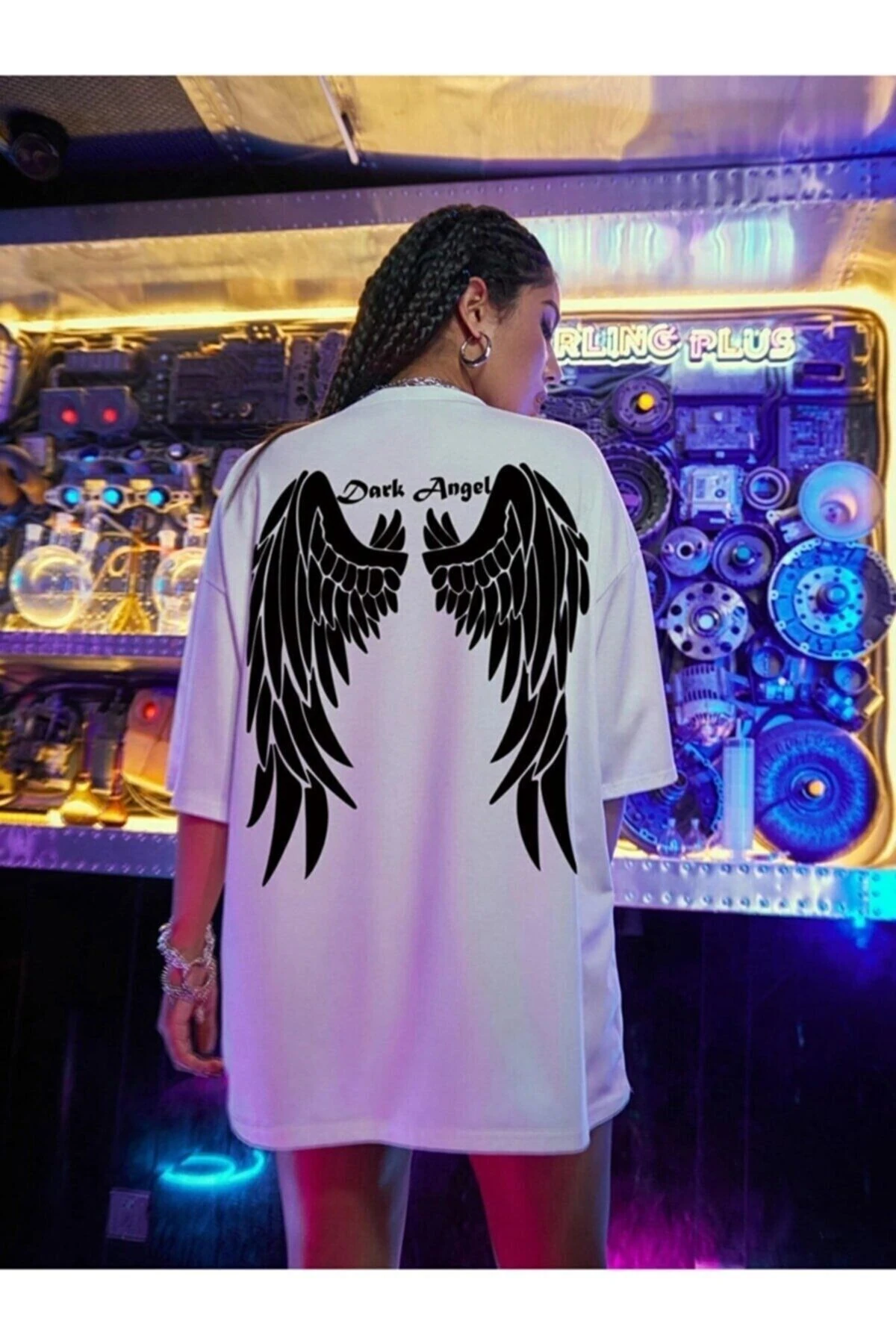 Kadın Dark Angel Baskılı Oversize Penye T-shirt Tişört