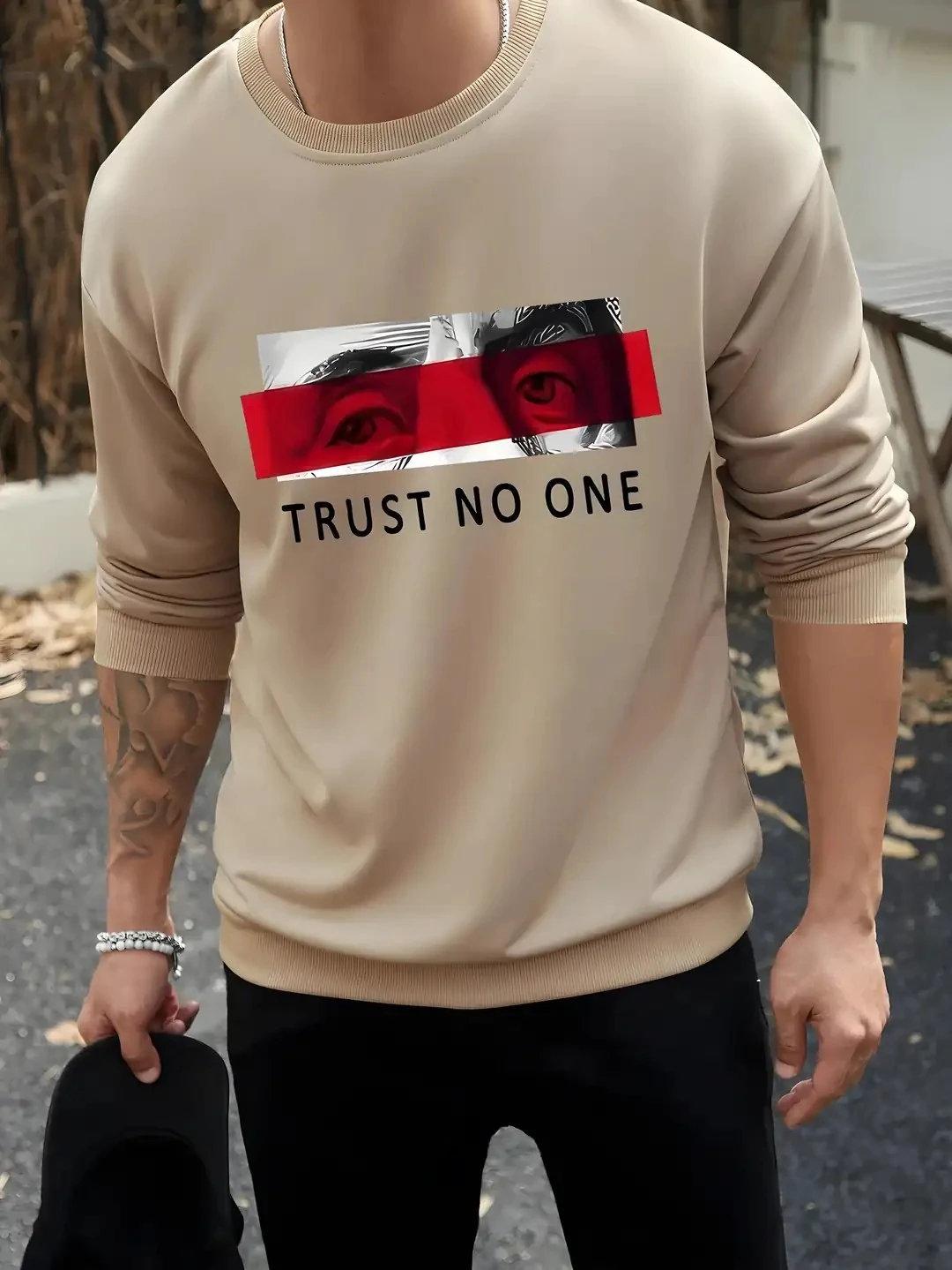 TRUST NO ONE TASARIM SWEATSHIRT - bej