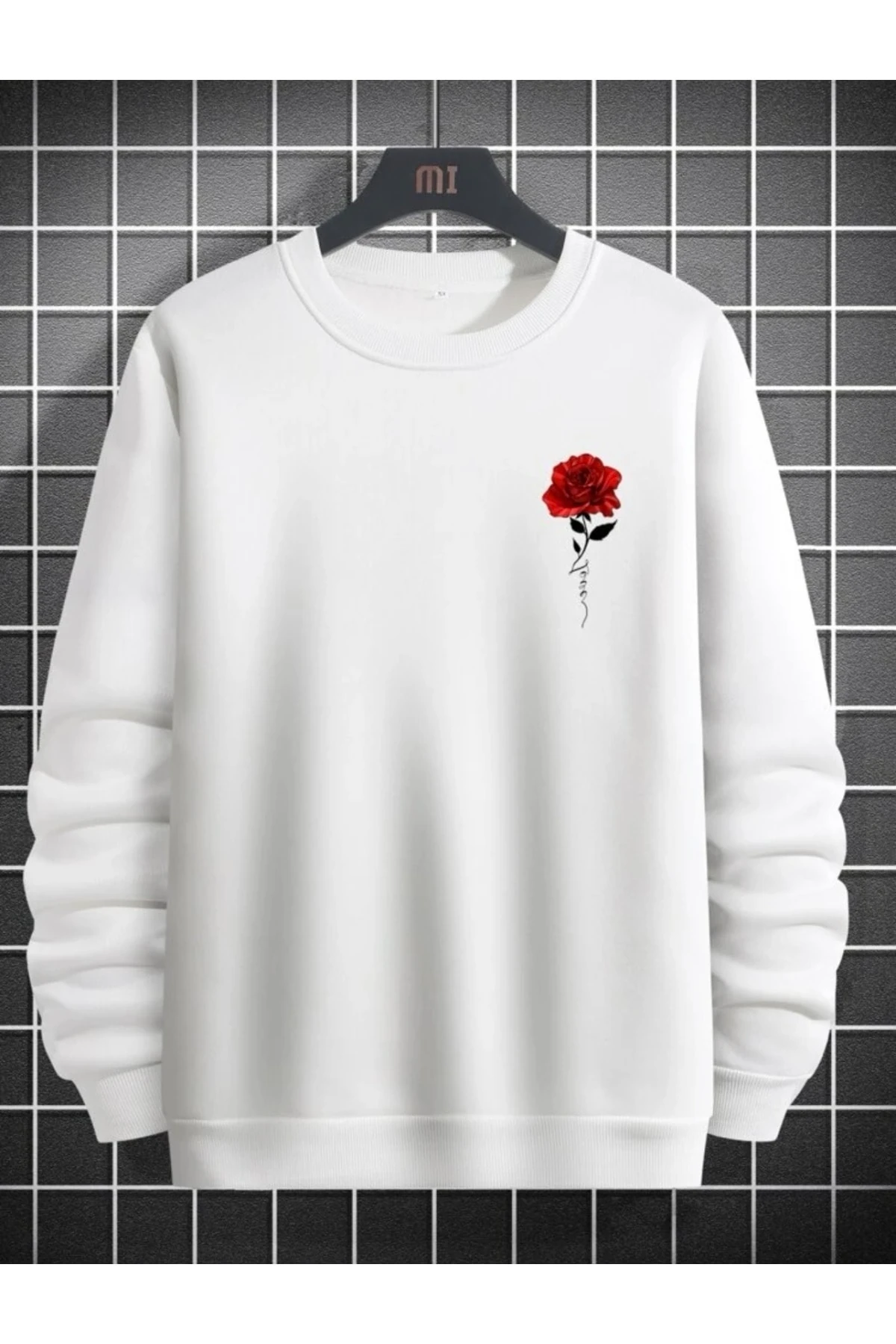 Oversize Unisex Rose Love Baskılı 3 Iplik Kalın %100 Pamuk Sweatshirt