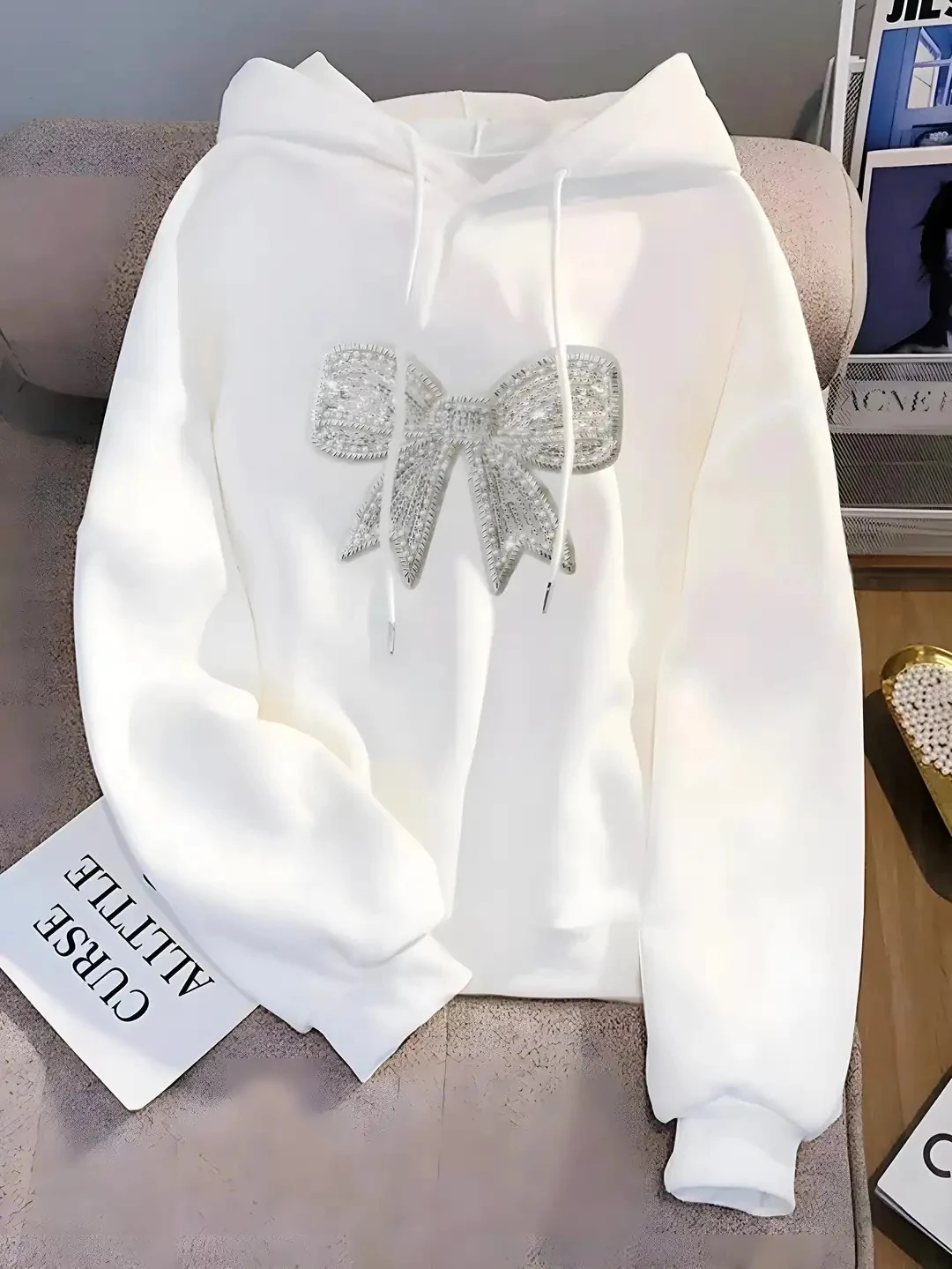 GÜMÜŞ KURDELE BASKILI HOODİE - beyaz