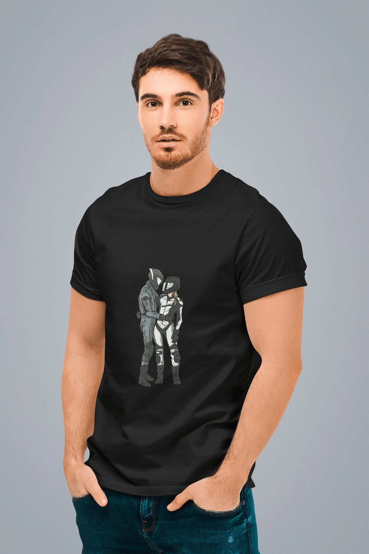 Erkek Siyah Motorcu Çift Baskılı Standart T-shirt T1755640