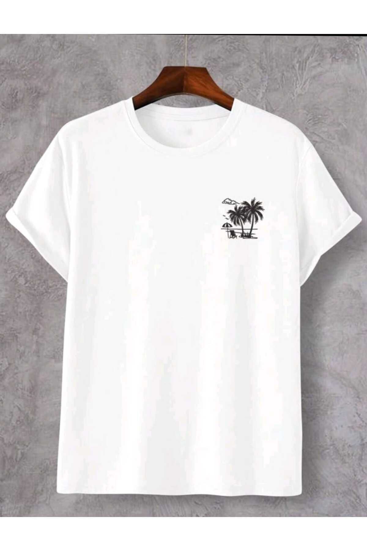 Erkek Minimal Palmiye Baskılı Sokak Stili Şort T-shirt Takım