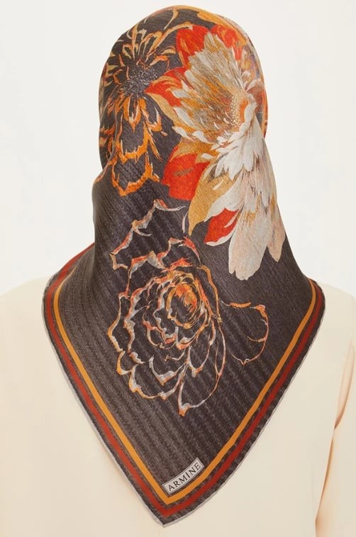 %100 Twill Ipek Desenli Eşarp | 9220d-82