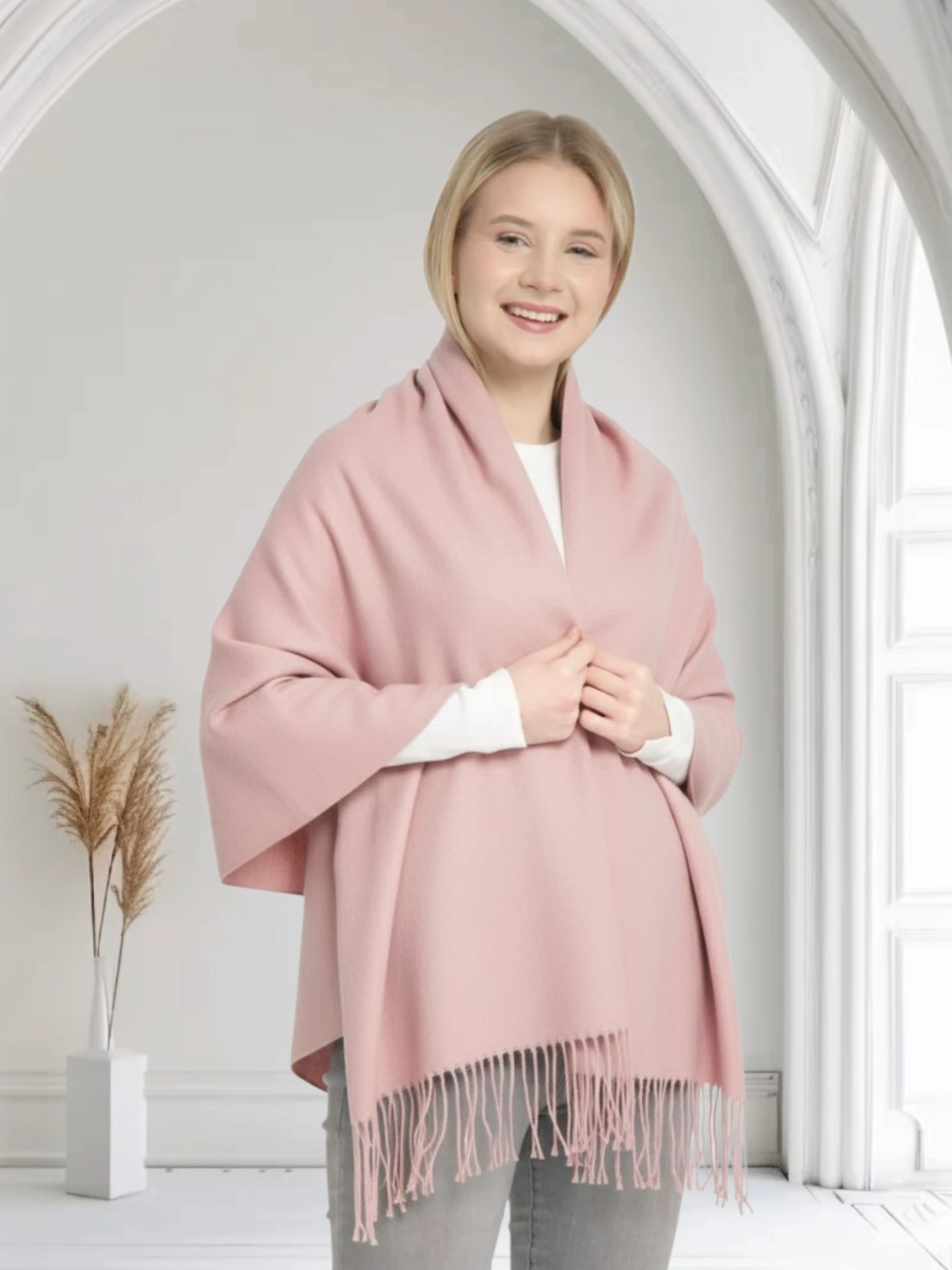 Pashmina püsküllü omuz şalı - pudra image