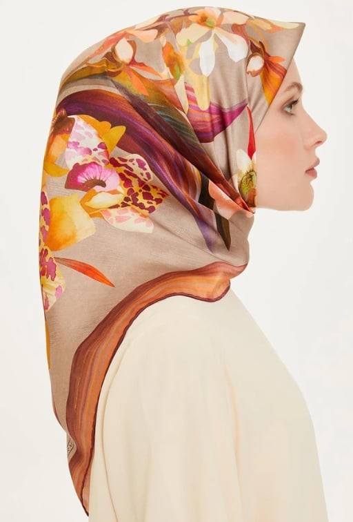 %100 Twill Ipek Desenli Eşarp | 9215d-81