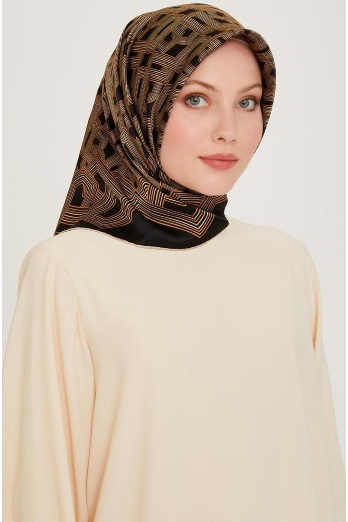%100 Twill Ipek Desenli Eşarp | 9213d-02 image