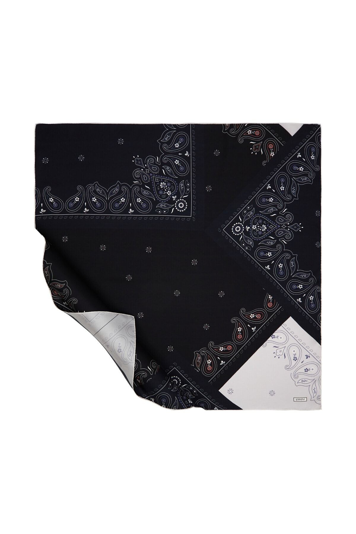 Siyah Gümüş Patchwork Desenli Tivil Ipek Eşarp