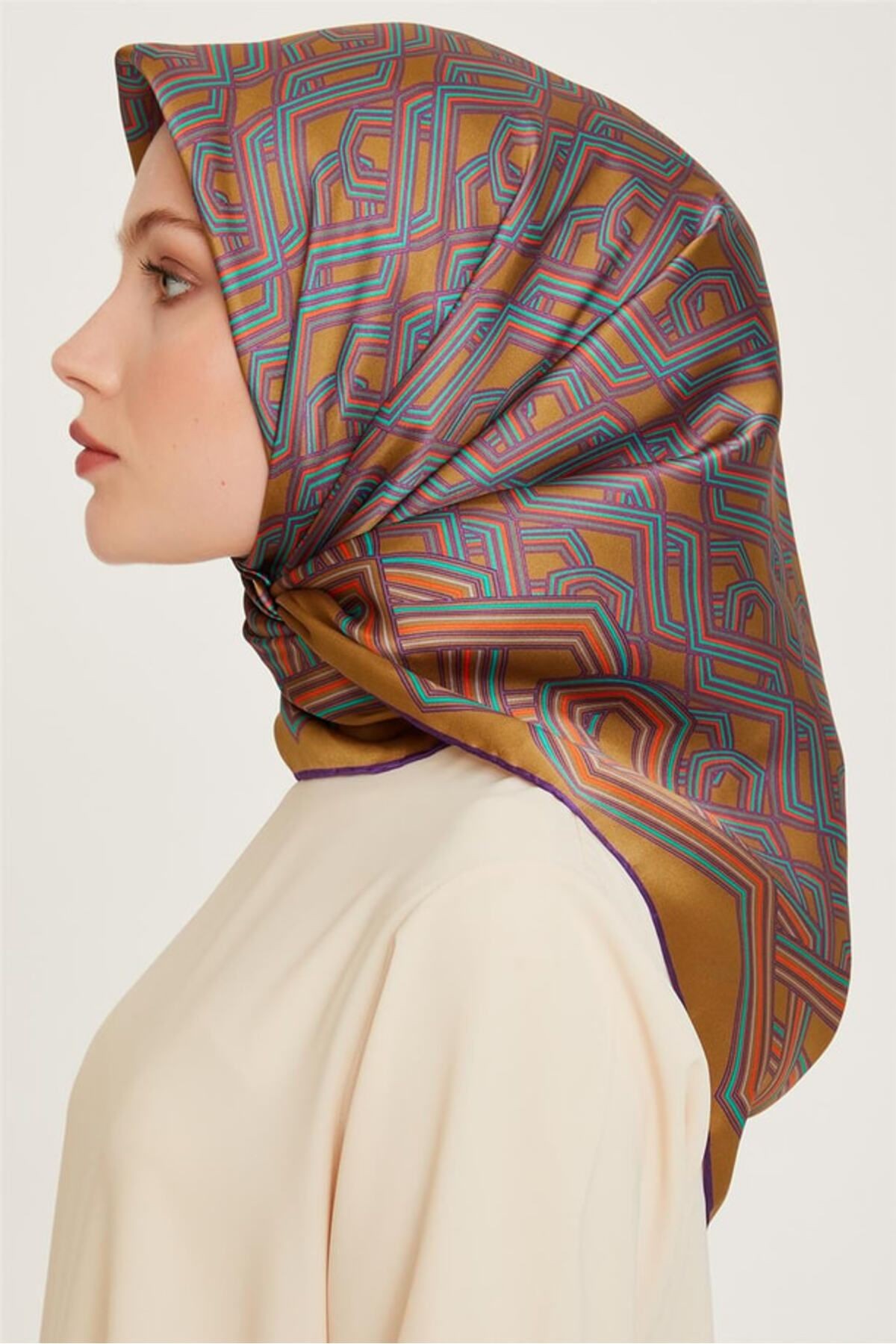 %100 Twill Ipek Desenli Eşarp | 9213d-02