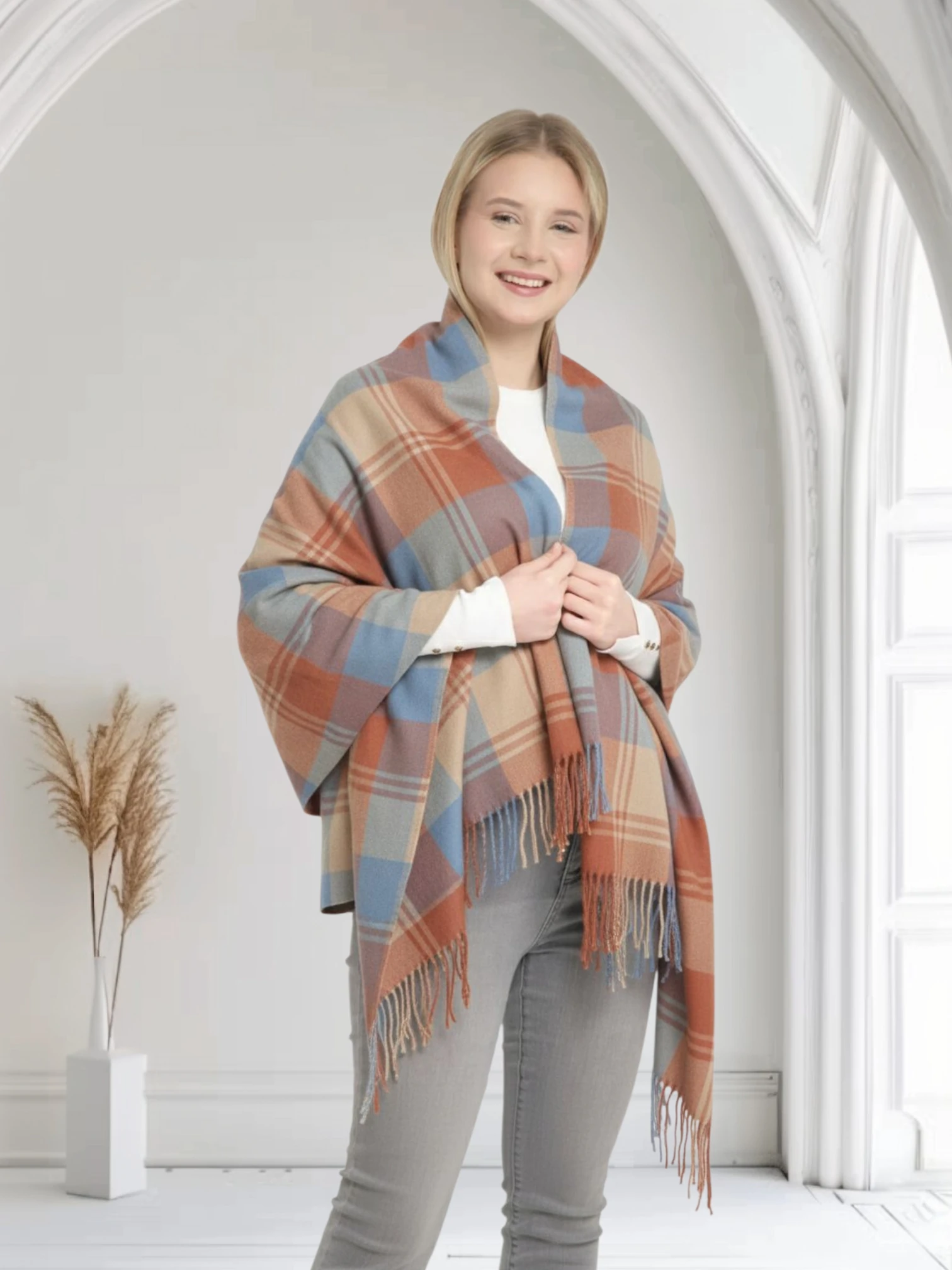 Polar omuz şalı ekose desen - MAVİ-SOMON image