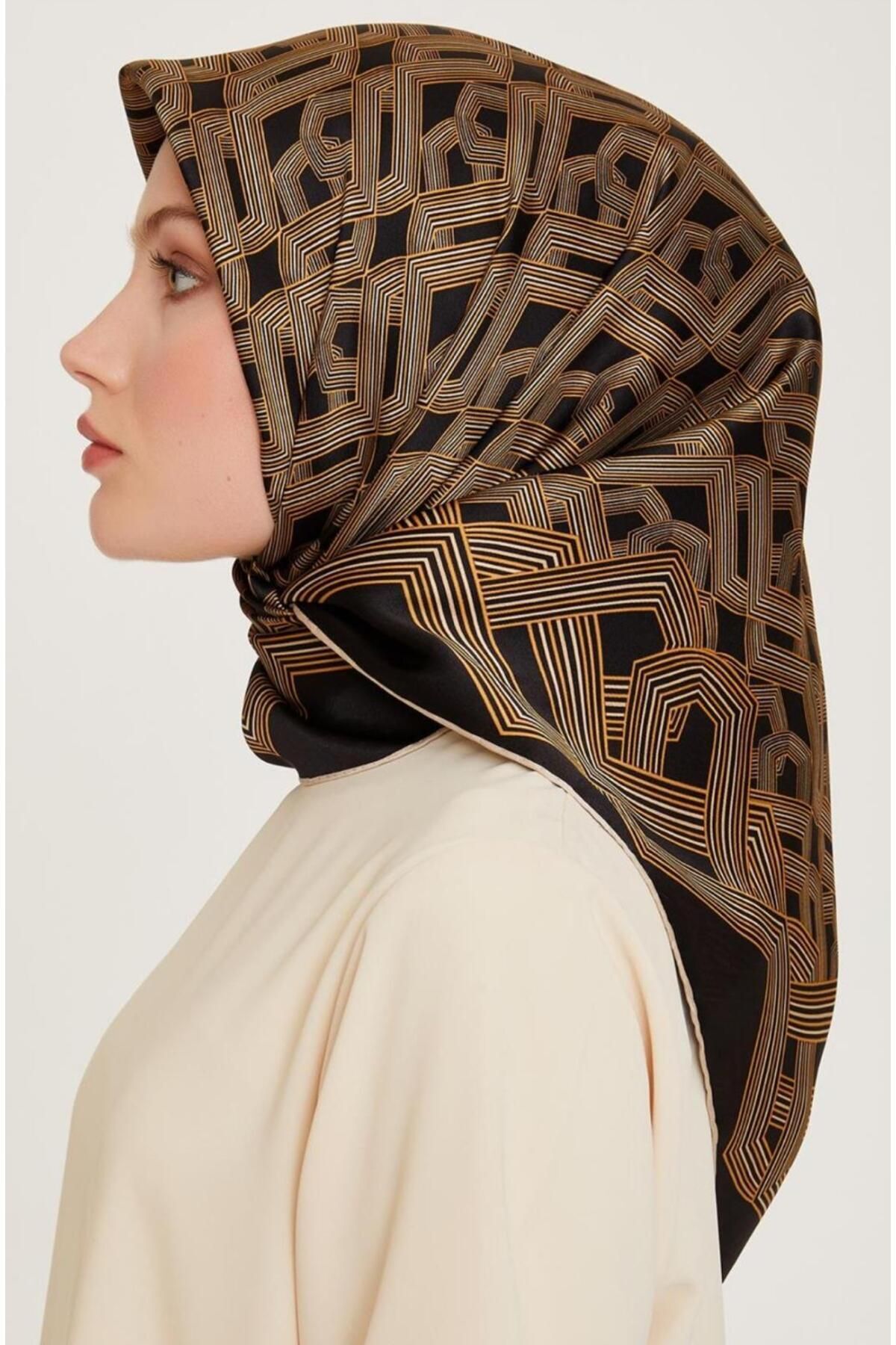 %100 Twill Ipek Desenli Eşarp | 9213d-02