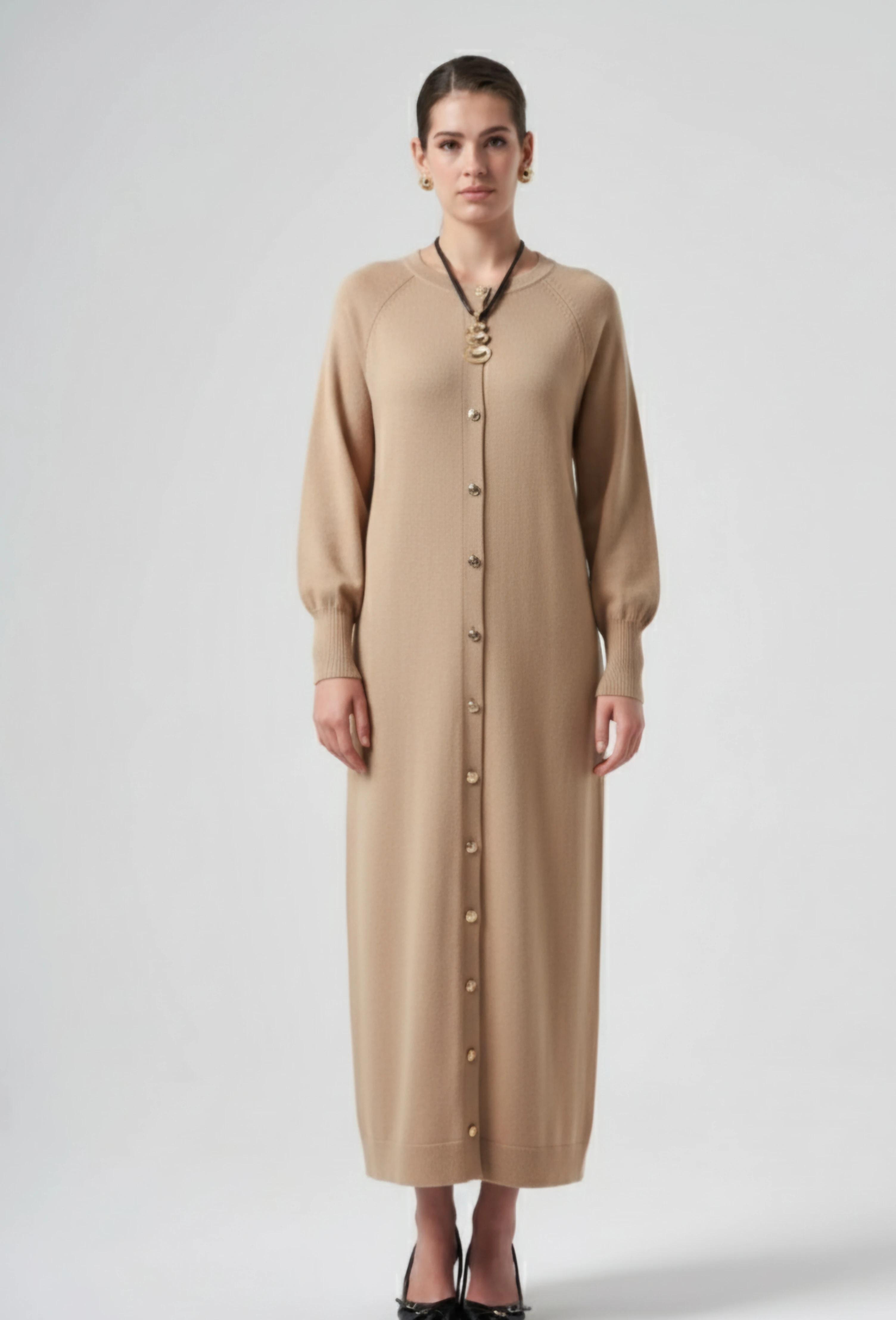 Triko Uzun kol sıfır yaka elbise - bej image