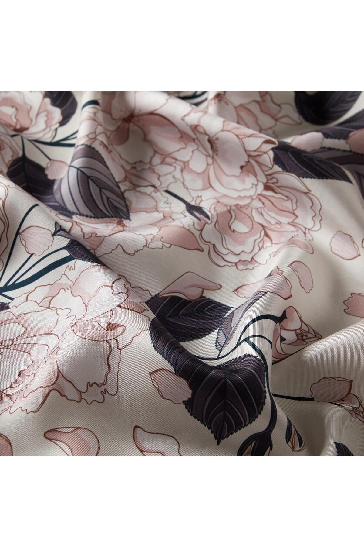 İpekevi Twill İpek Eşarp - Sakura Desenli - İnci Beyazı