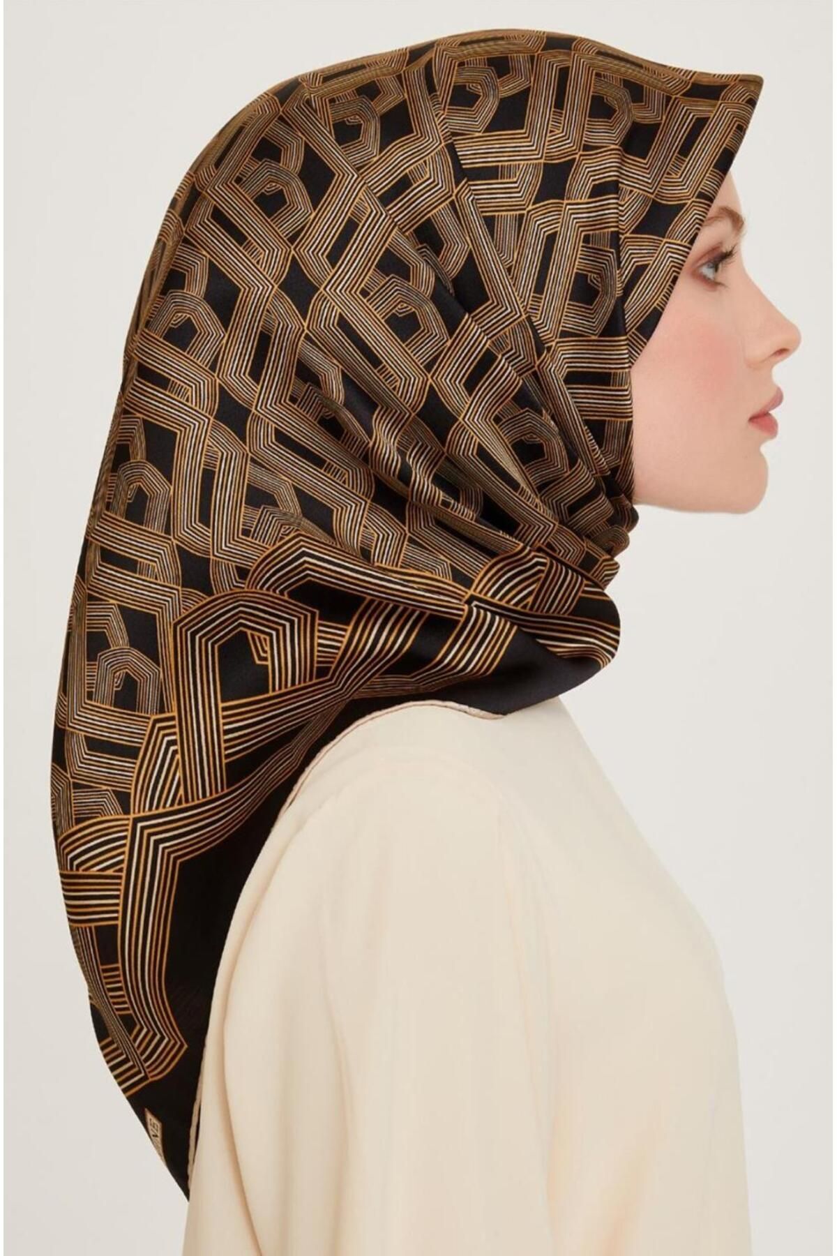%100 Twill Ipek Desenli Eşarp | 9213d-02