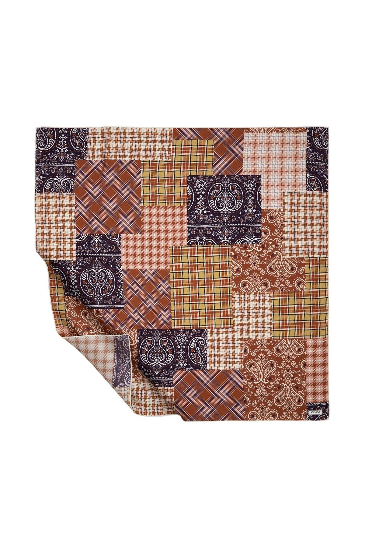 Pudra Mor Patchwork Desenli Tivil Ipek Eşarp