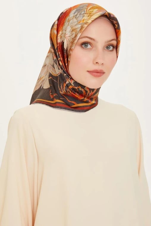 %100 Twill Ipek Desenli Eşarp | 9220d-82