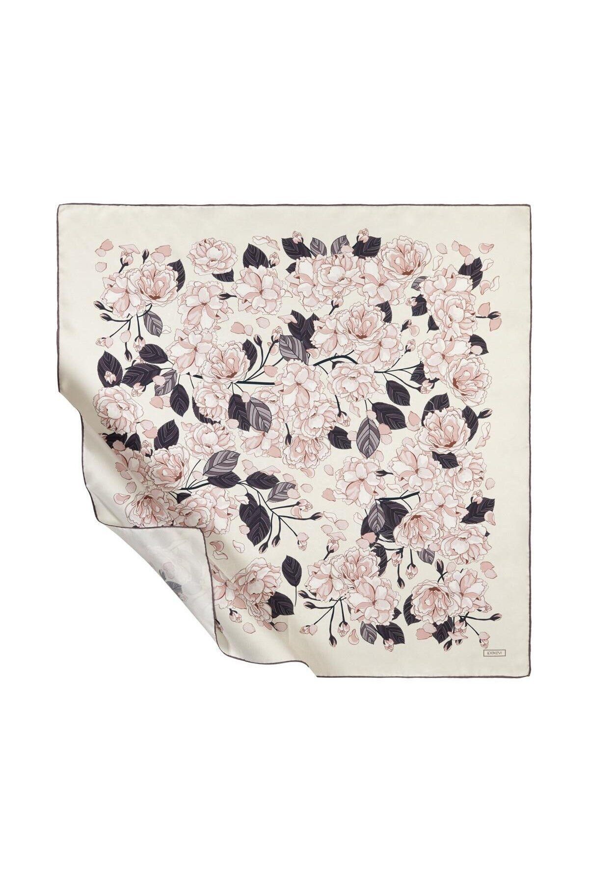 İpekevi Twill İpek Eşarp - Sakura Desenli - İnci Beyazı