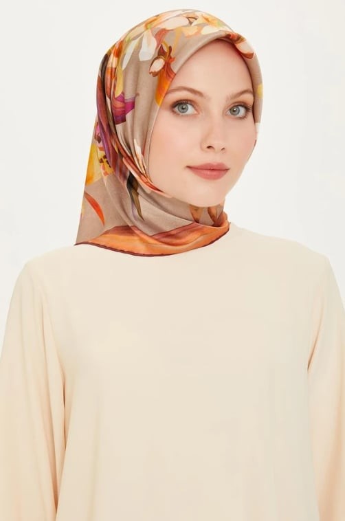 %100 Twill Ipek Desenli Eşarp | 9215d-81