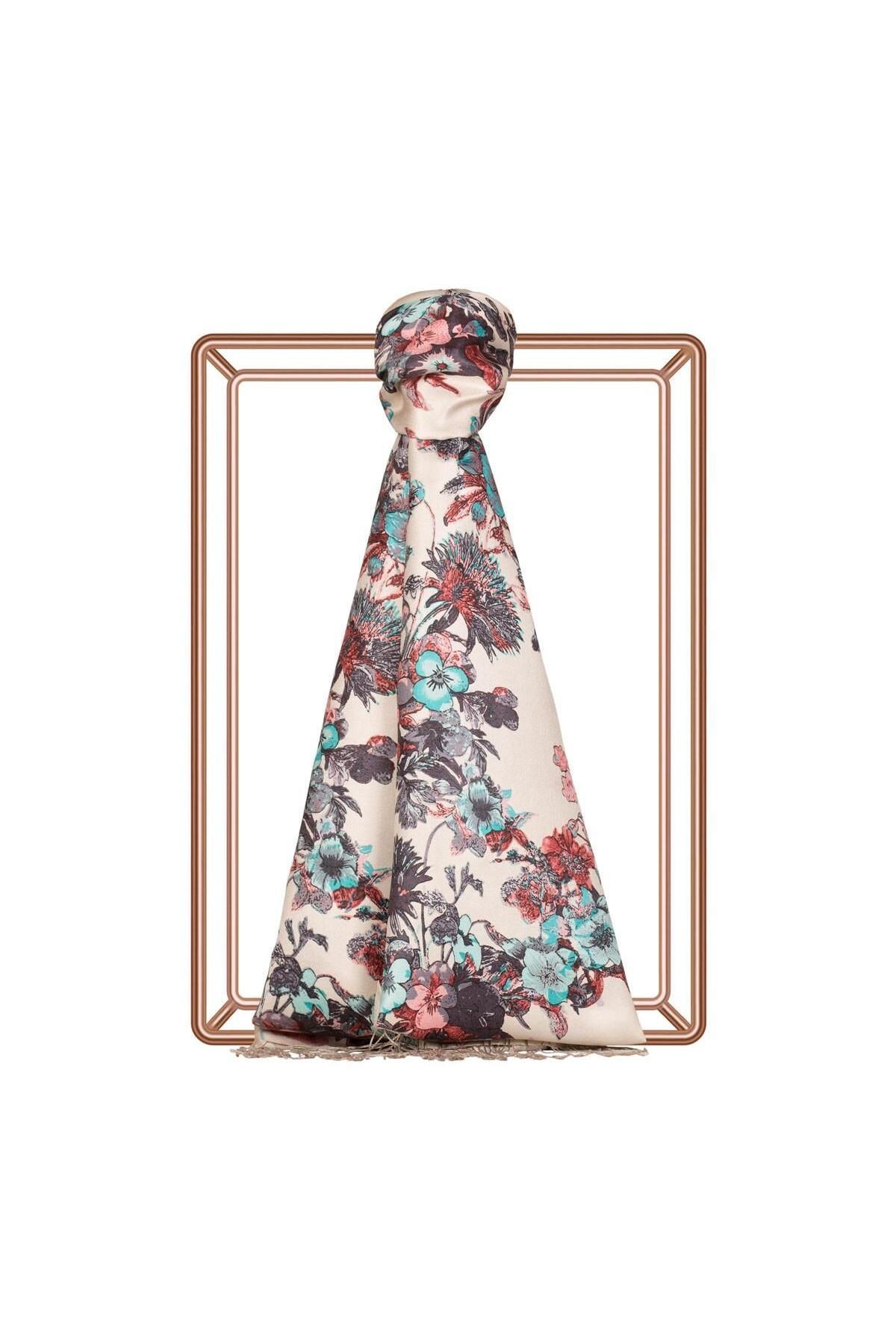 Hercai Menekşe Desenli Ipek Şal- 6136 - vizon main variant image
