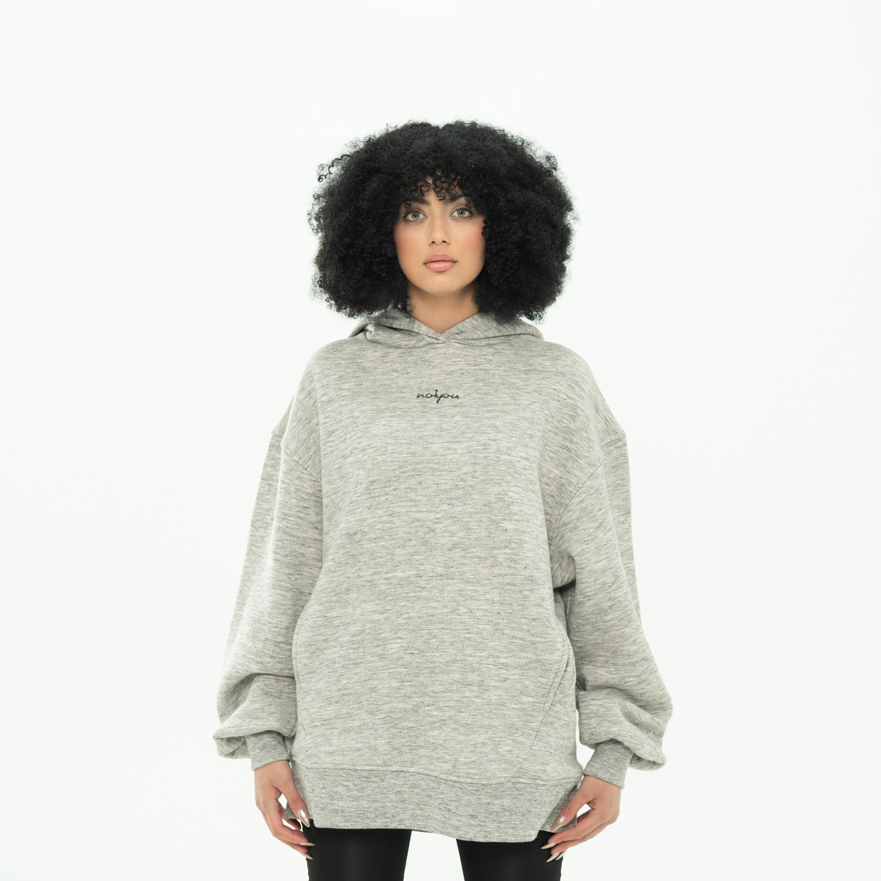 Kapüşonlu Şardonlu Cepli %100 Pamuk Oversize Kadın Sweatshirt - Gri