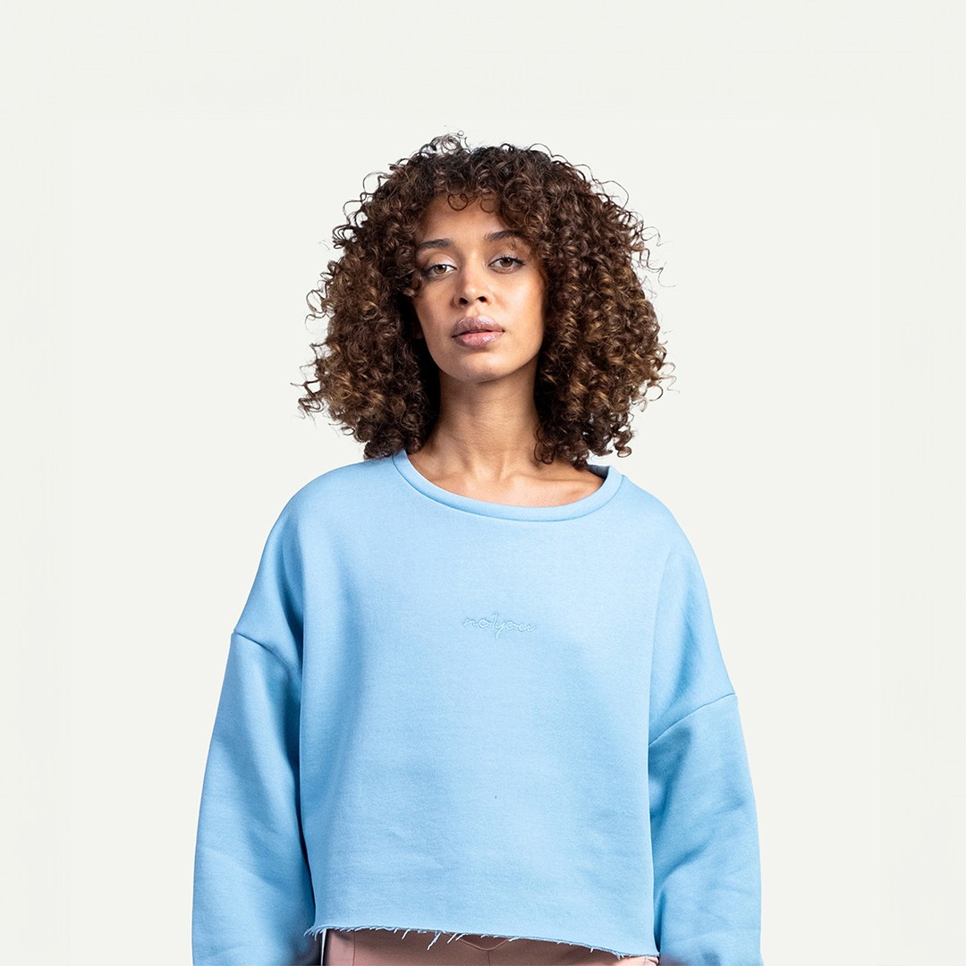 No1You Logo Nakışlı Bisiklet Yaka %100 Pamuk Crop Kesim Oversize Kadın Sweatshirt - Mavi