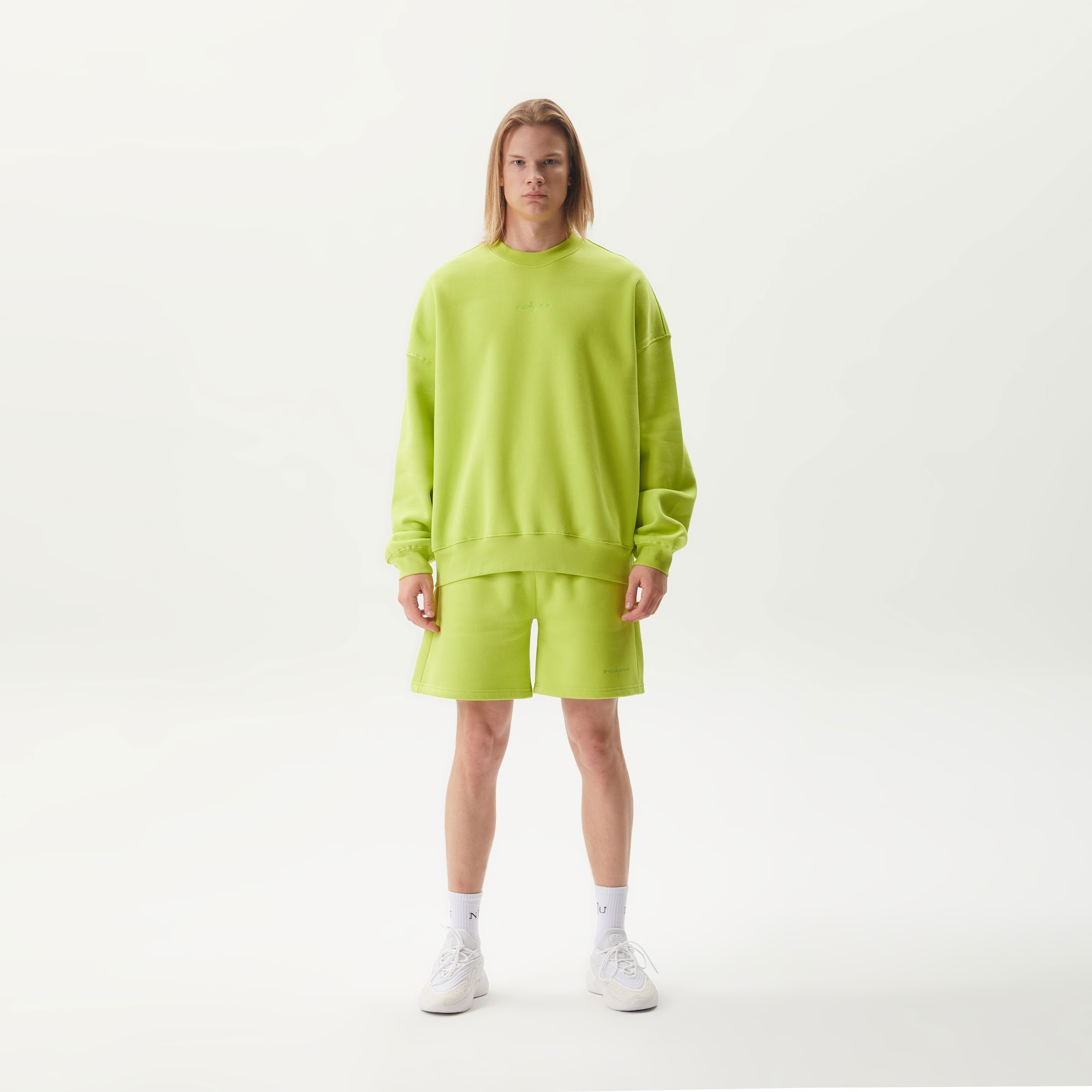 Bisiklet Yaka No1You Nakışlı Uzun Kollu %100 Pamuk Oversize Unisex Sweatshirt - Lime