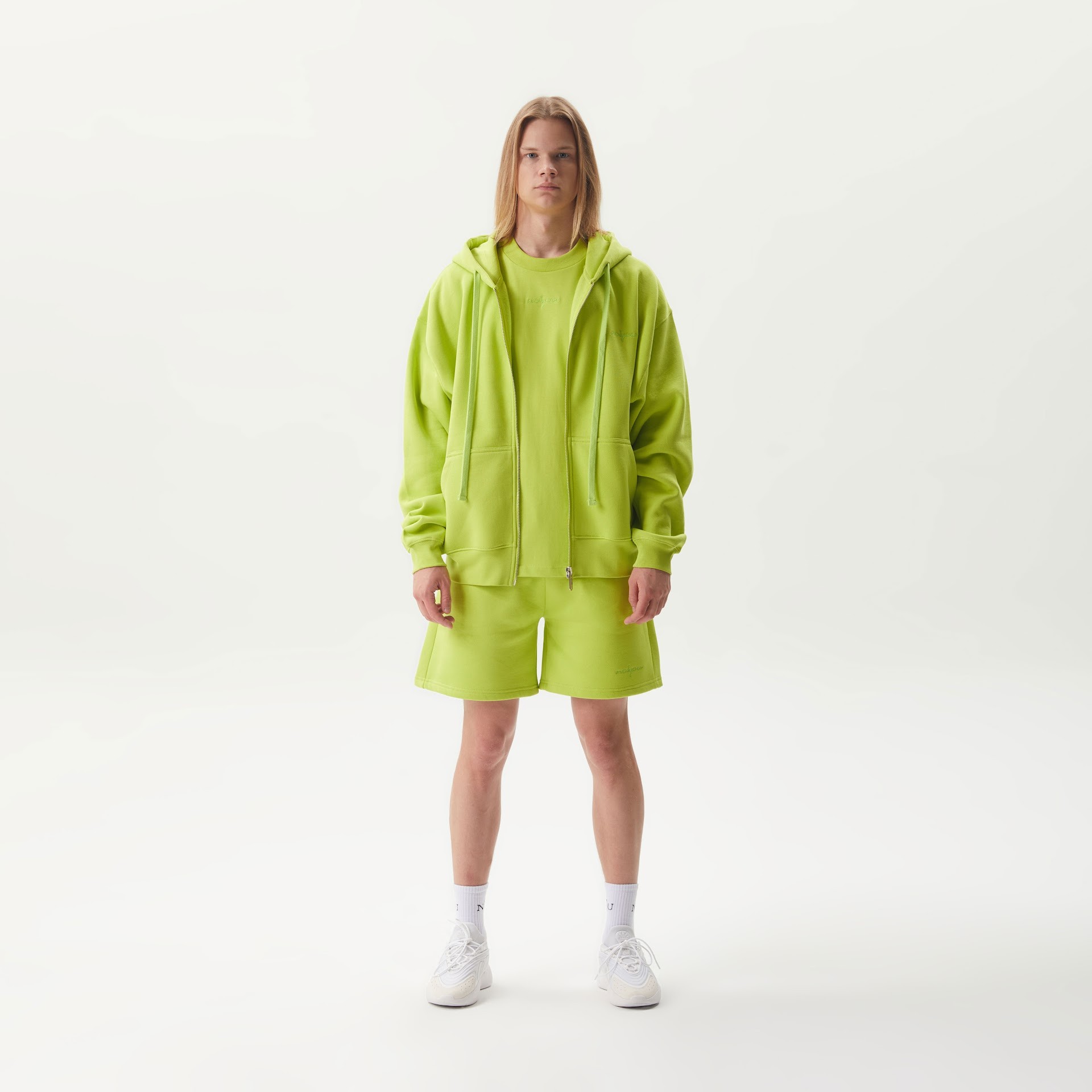 Kapüşonlu Fermuarlı Cepli %100 Pamuk Oversize Unisex Sweatshirt - Lime