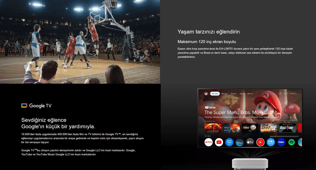 Epson Lifestuido Google TV ile birlikte Gelir