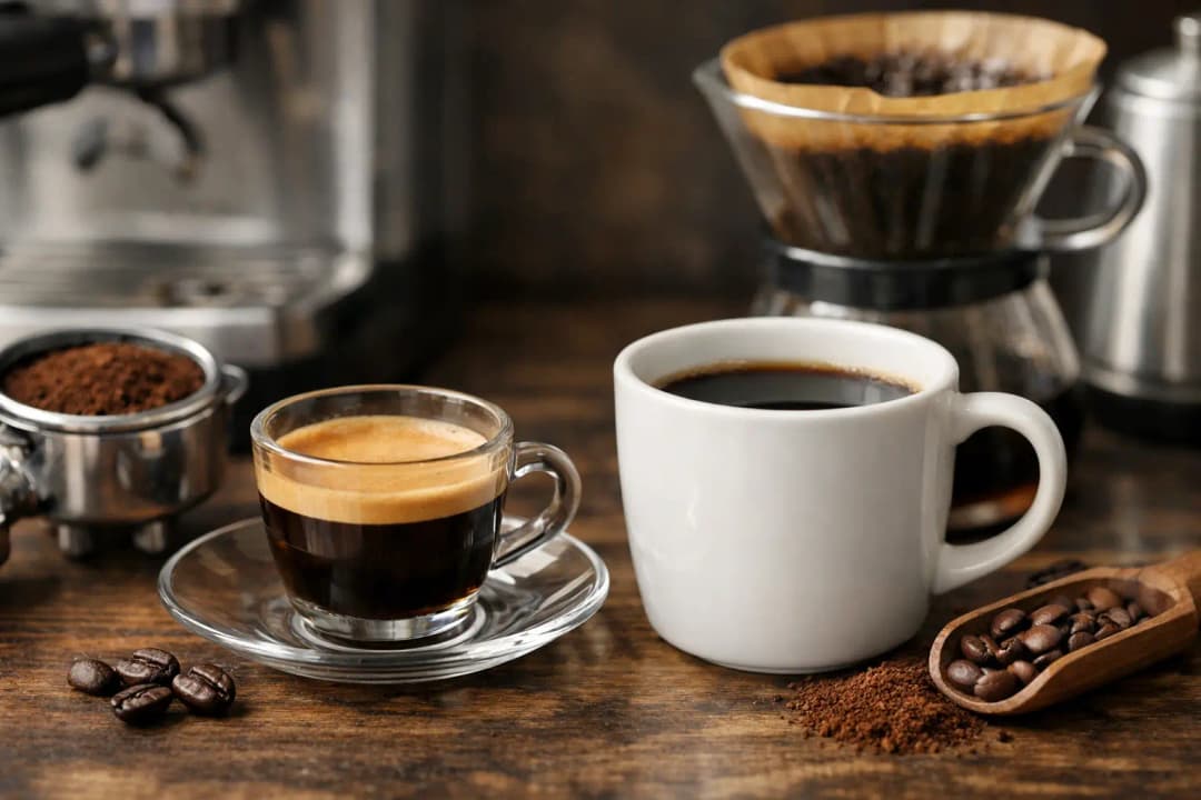 Yan yana espresso fincanı ve filtre kahve sunumu ile iki farklı kahve demleme yönteminin karşılaştırılması
