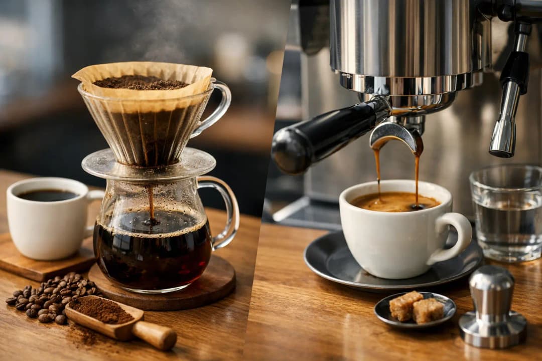 Yan yana filtre kahve fincanı ve espresso shot ile iki farklı kahve demleme yönteminin karşılaştırılması