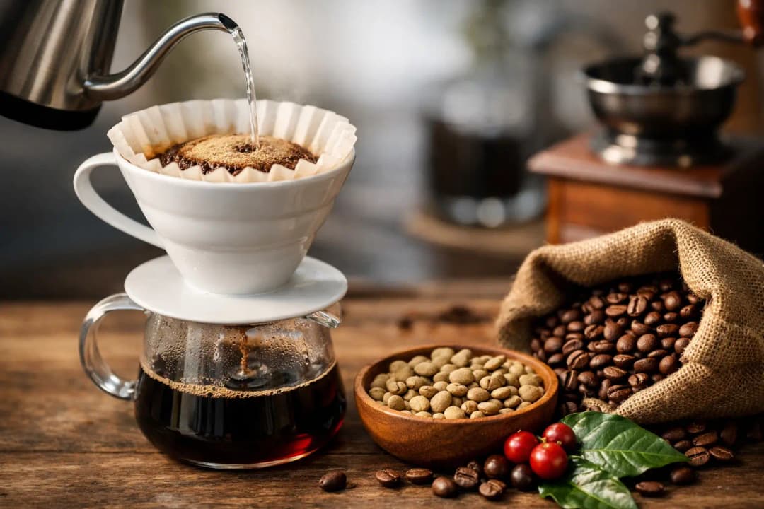 V60 ekipmanı ile hazırlanan filtre kahve ve farklı kahve çekirdekleri