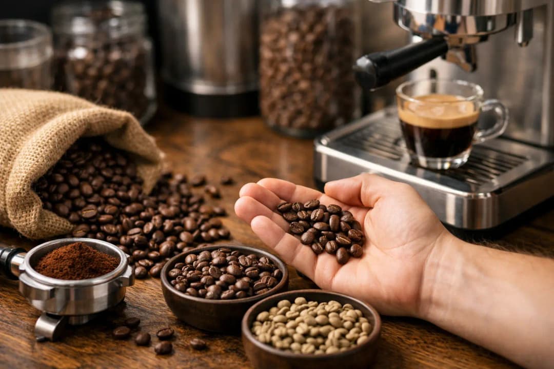 Espresso makinesi yanında taze kavrulmuş espresso çekirdekleri ve hazırlanmış espresso shot