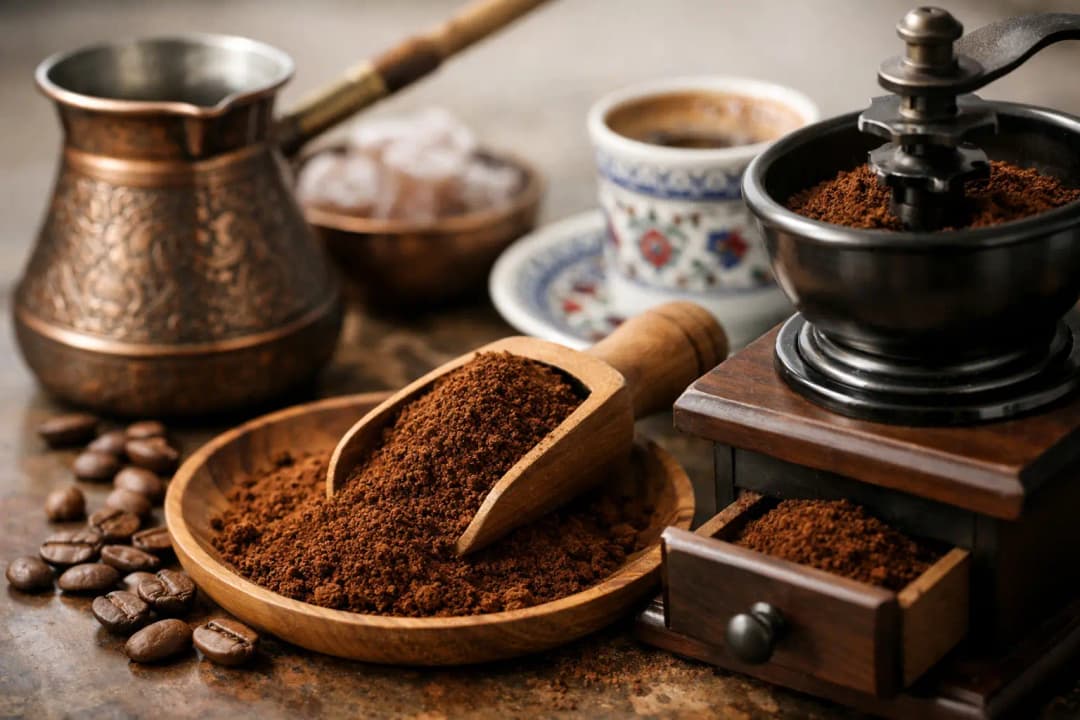 Türk kahvesi için çok ince öğütülmüş kahve ve geleneksel cezve ile hazırlık süreci