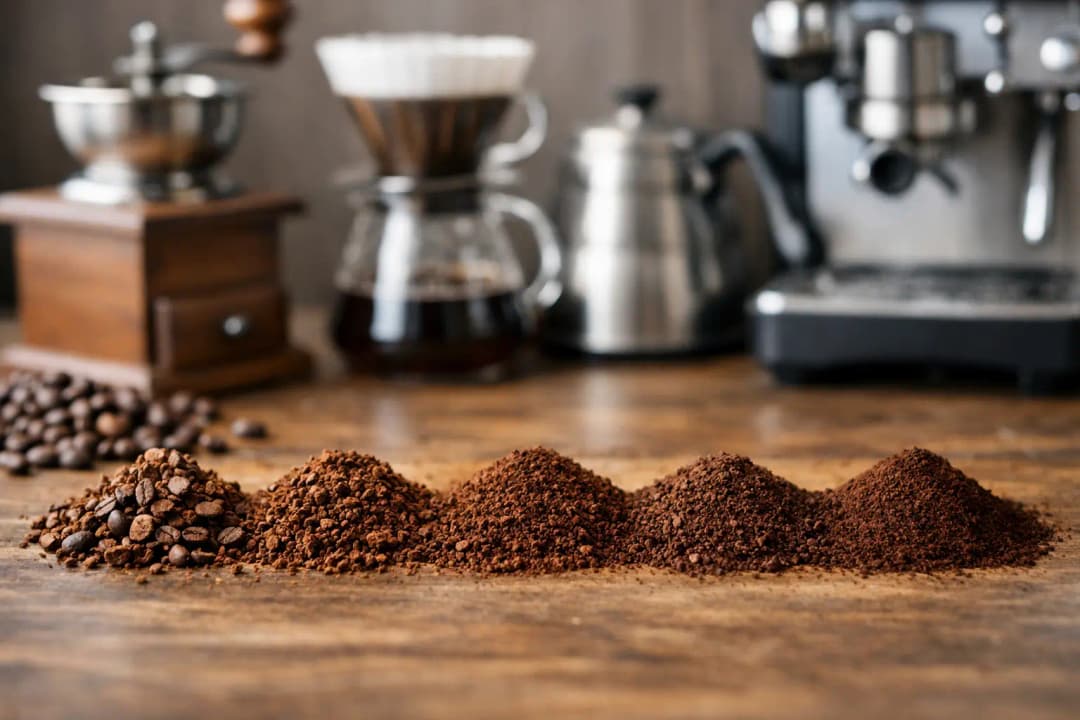 Türk kahvesi, espresso, filtre kahve ve French press için farklı kahve öğütme derecelerini gösteren kahve çekirdekleri ve ekipmanlar