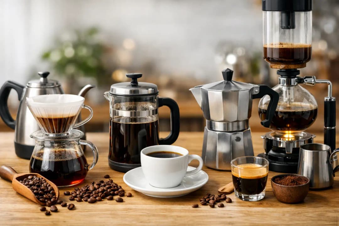 V60, espresso, French Press, moka pot ve Türk kahvesi için farklı kahve demleme yöntemleri ve çekirdek seçenekleri